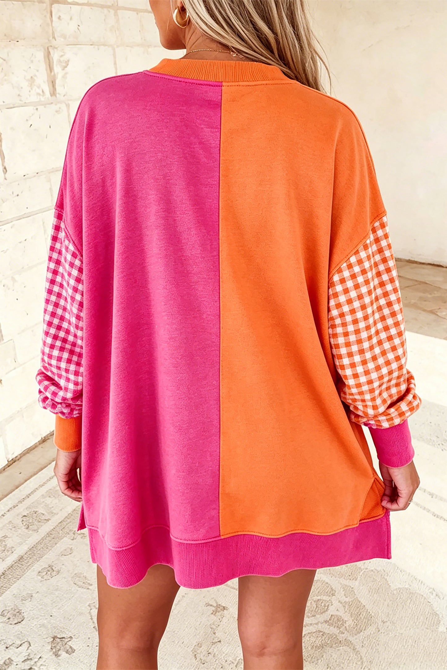 Colorblock Gingham Sleeve Long Sleeve Top