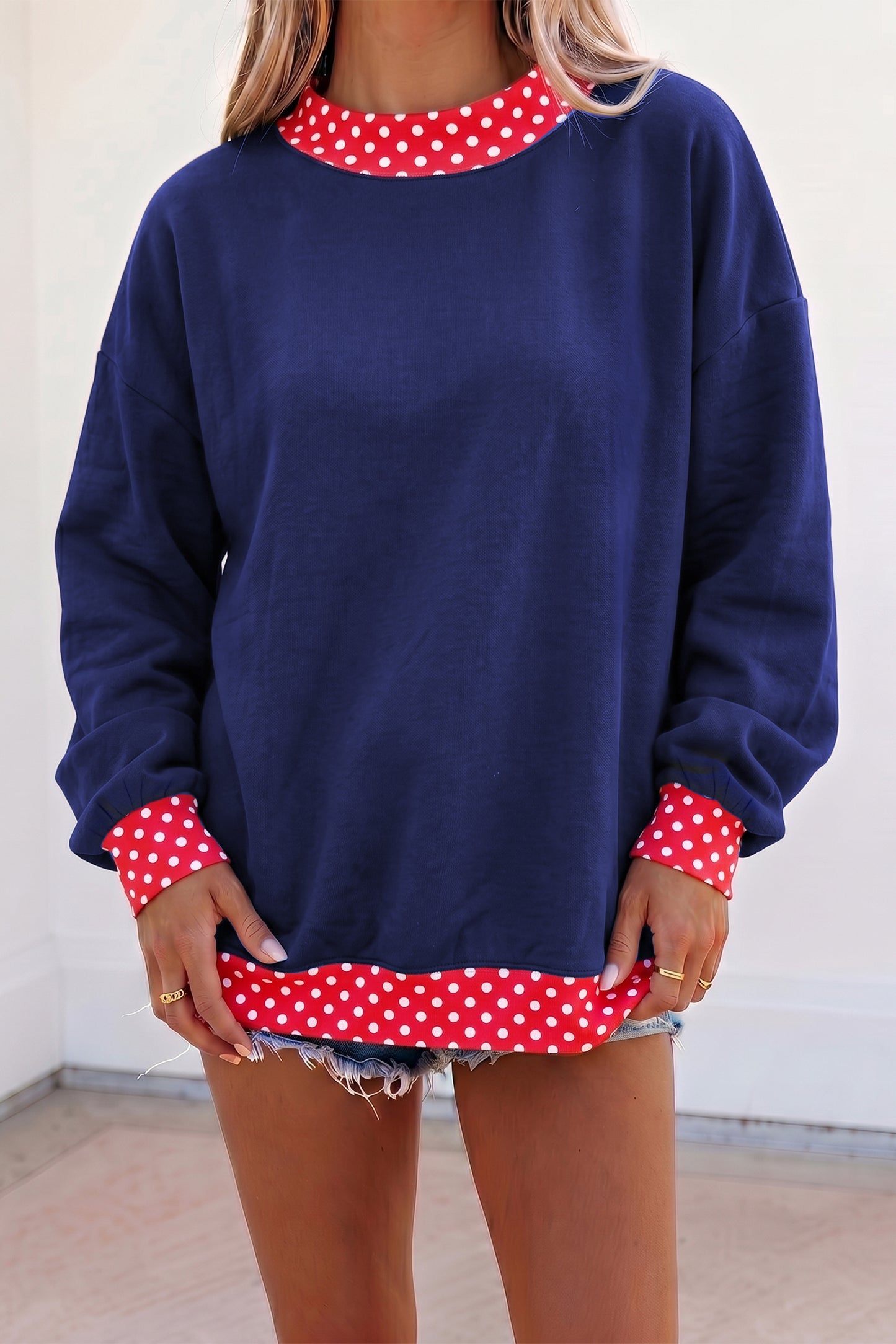 Pink Colorblock Polka Dot Contrast Trim Oversized Sweatshirt