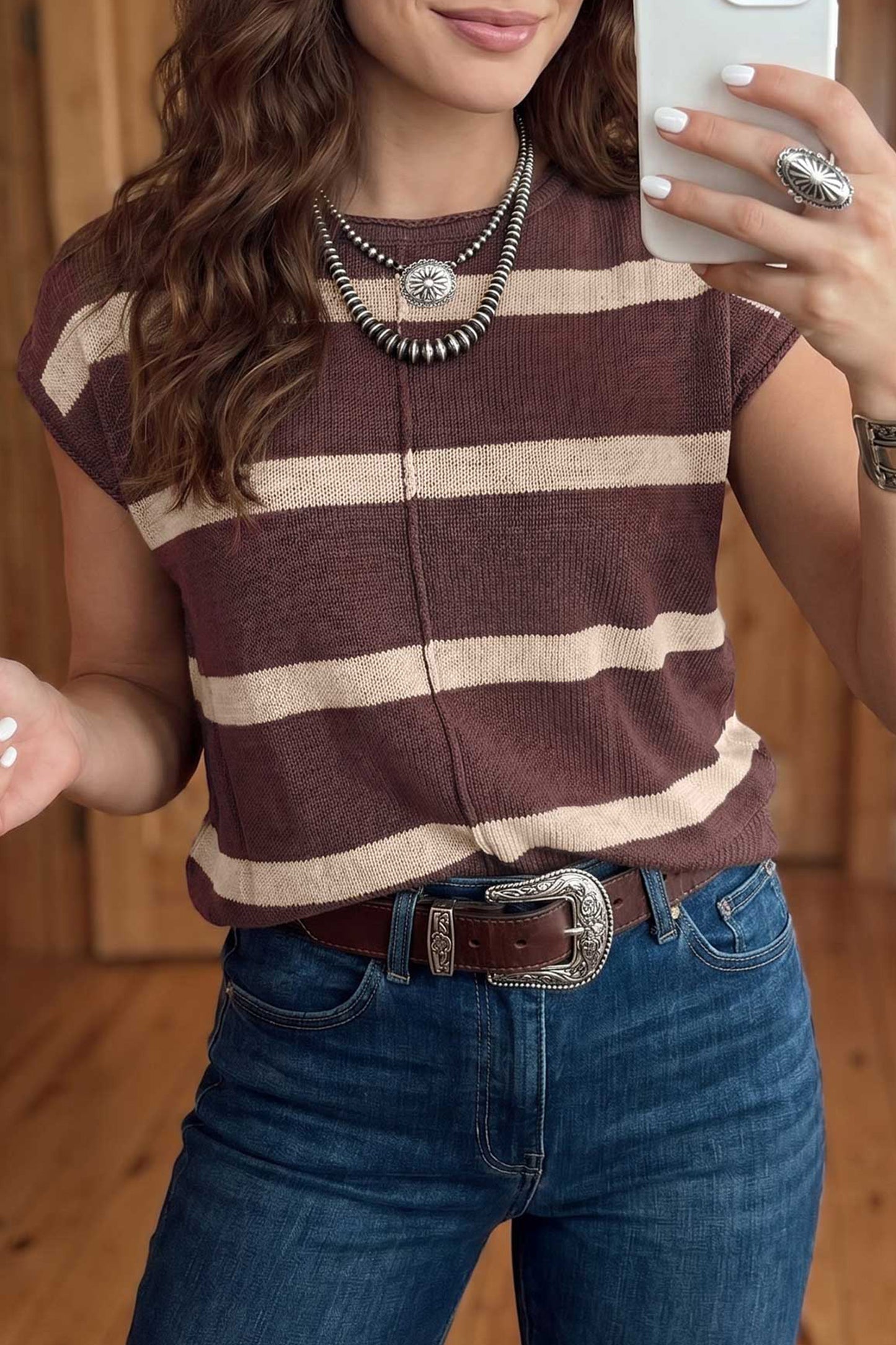 Striped Knit Short Sleeve Sweater