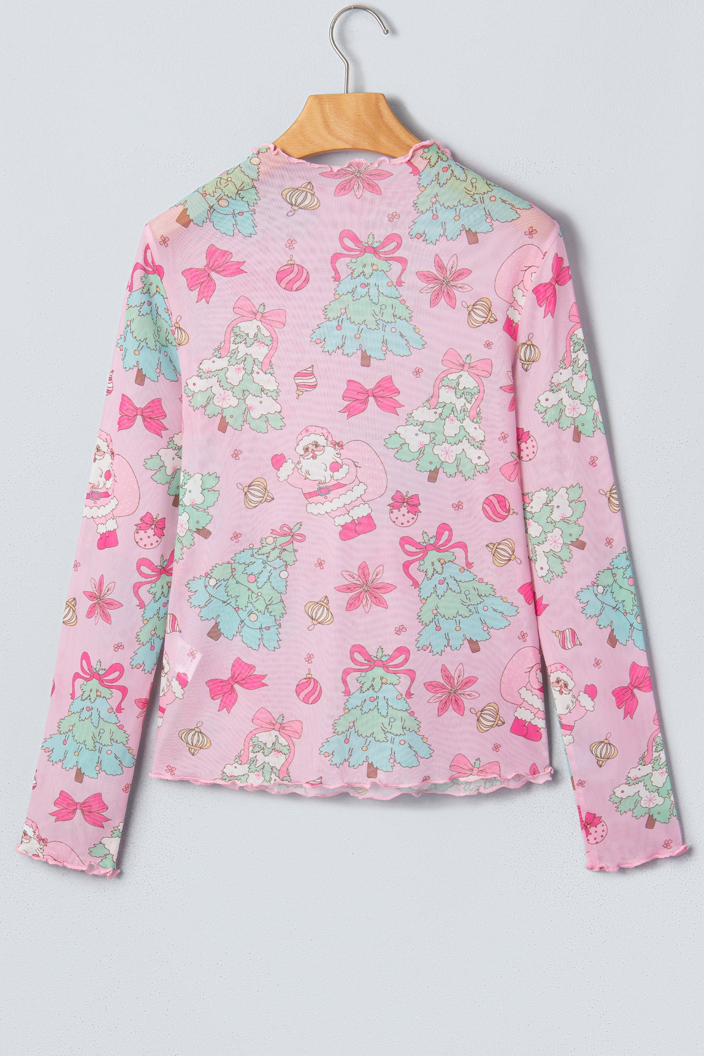 Pink Christmas Abstract Print Long Sleeve Mesh Top