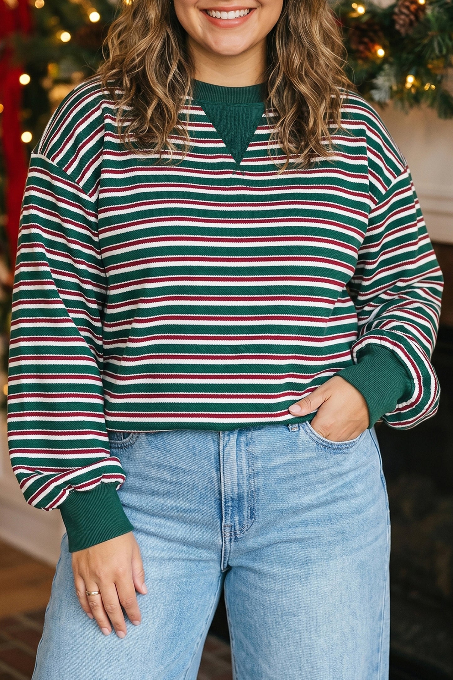 Green Stripe Striped Colorblock Round Neck Long Sleeve Shift Plus Size Sweatshirt