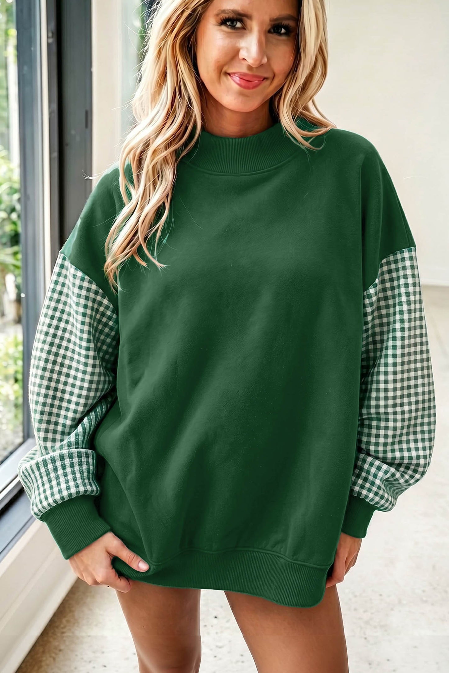 Plaid Sleeve Colorblock Loose Sweatshirt