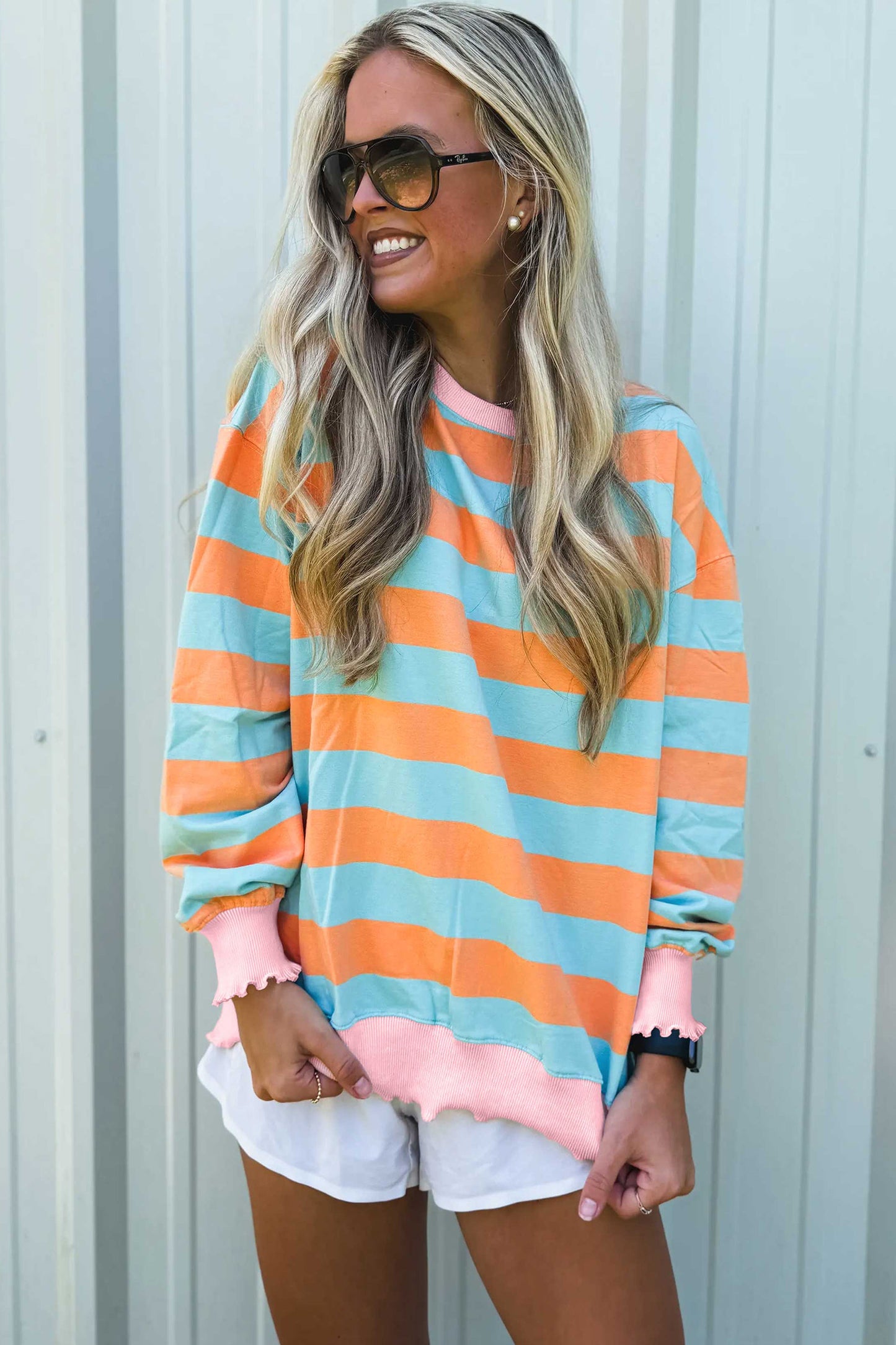 Striped Ribbed Color Block Trim Long Sleeve Top