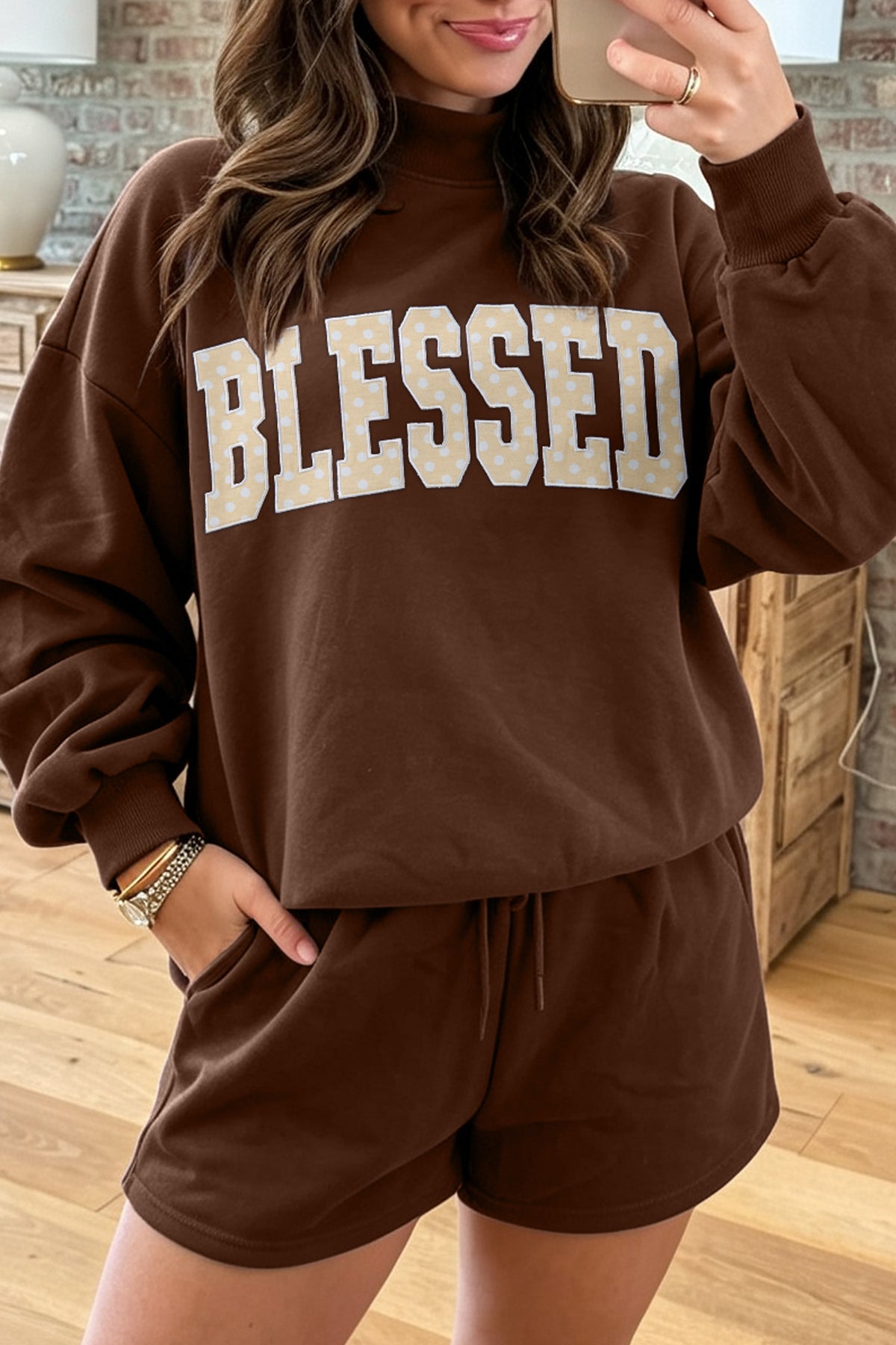 Blessed Print Mock Neck Pullover and Shorts Set