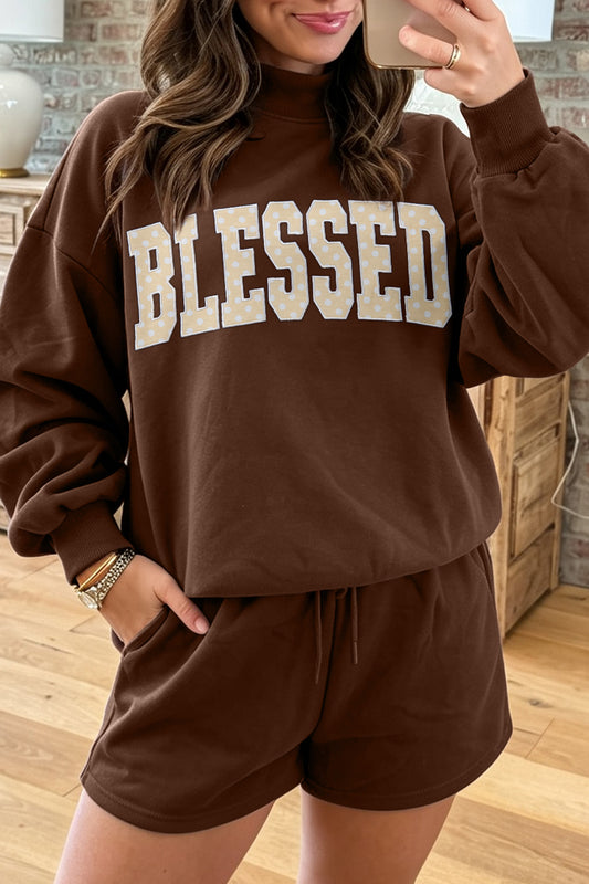 Blessed Print Mock Neck Pullover and Shorts Set