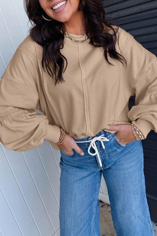 Solid Color Raw Seam Lace Detail Loose Casual Sweatshirt