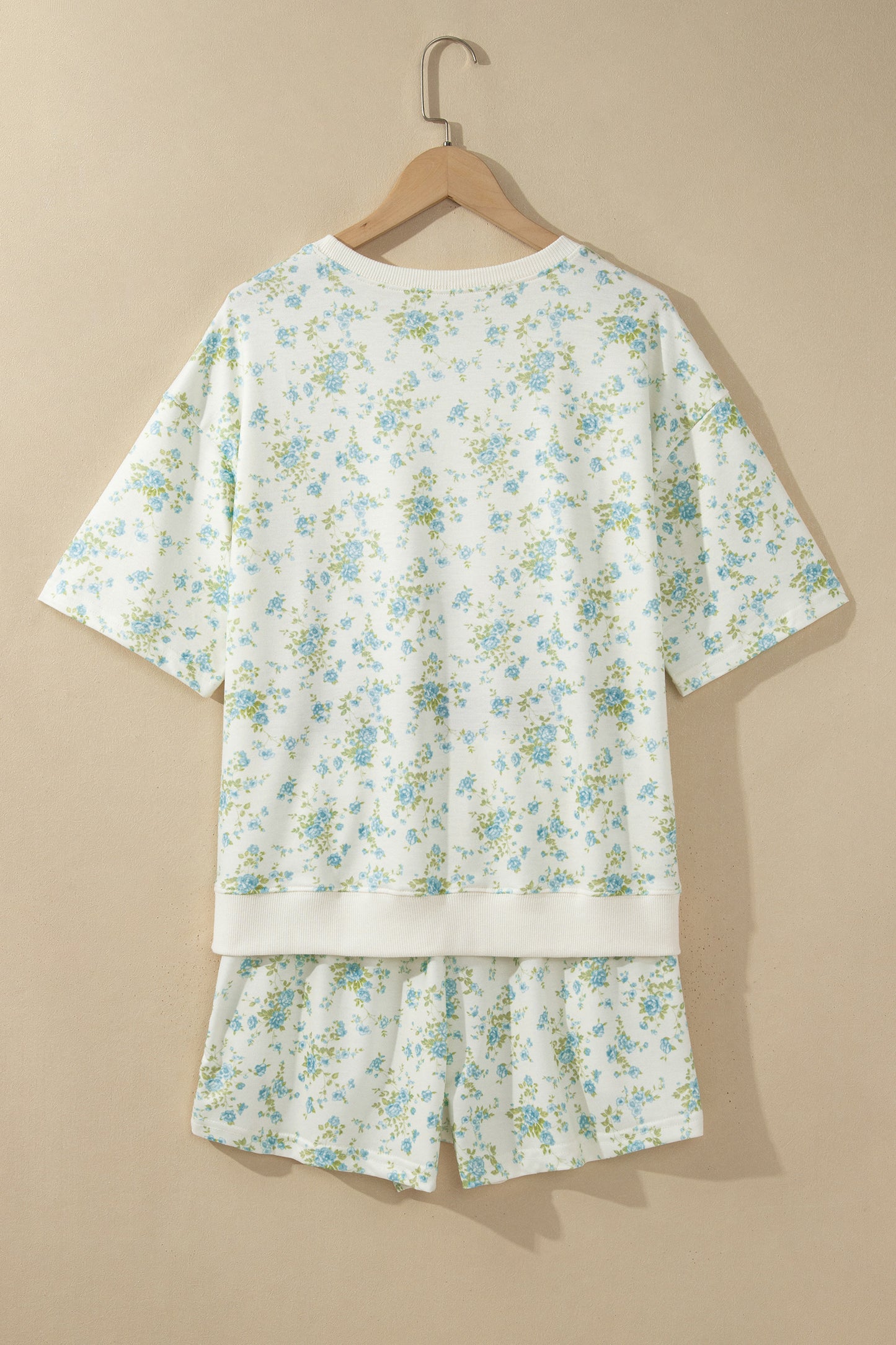 Pink Floral Print Short Sleeve Elastic Waist Pocket Two Piece Set