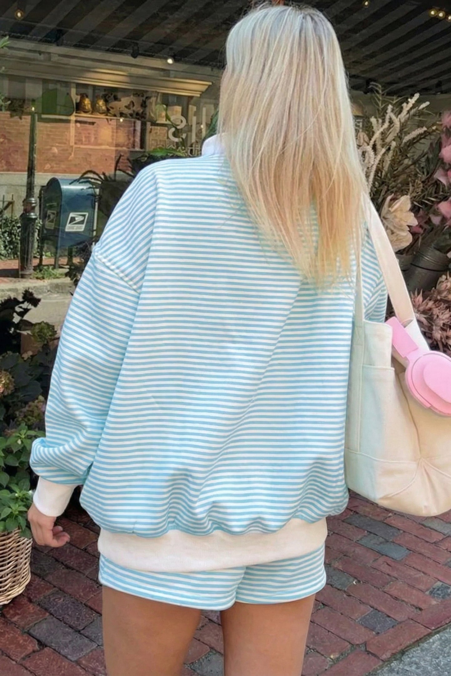 Red Stripe Oversize Mock Neck Sweatshirt and Shorts Set
