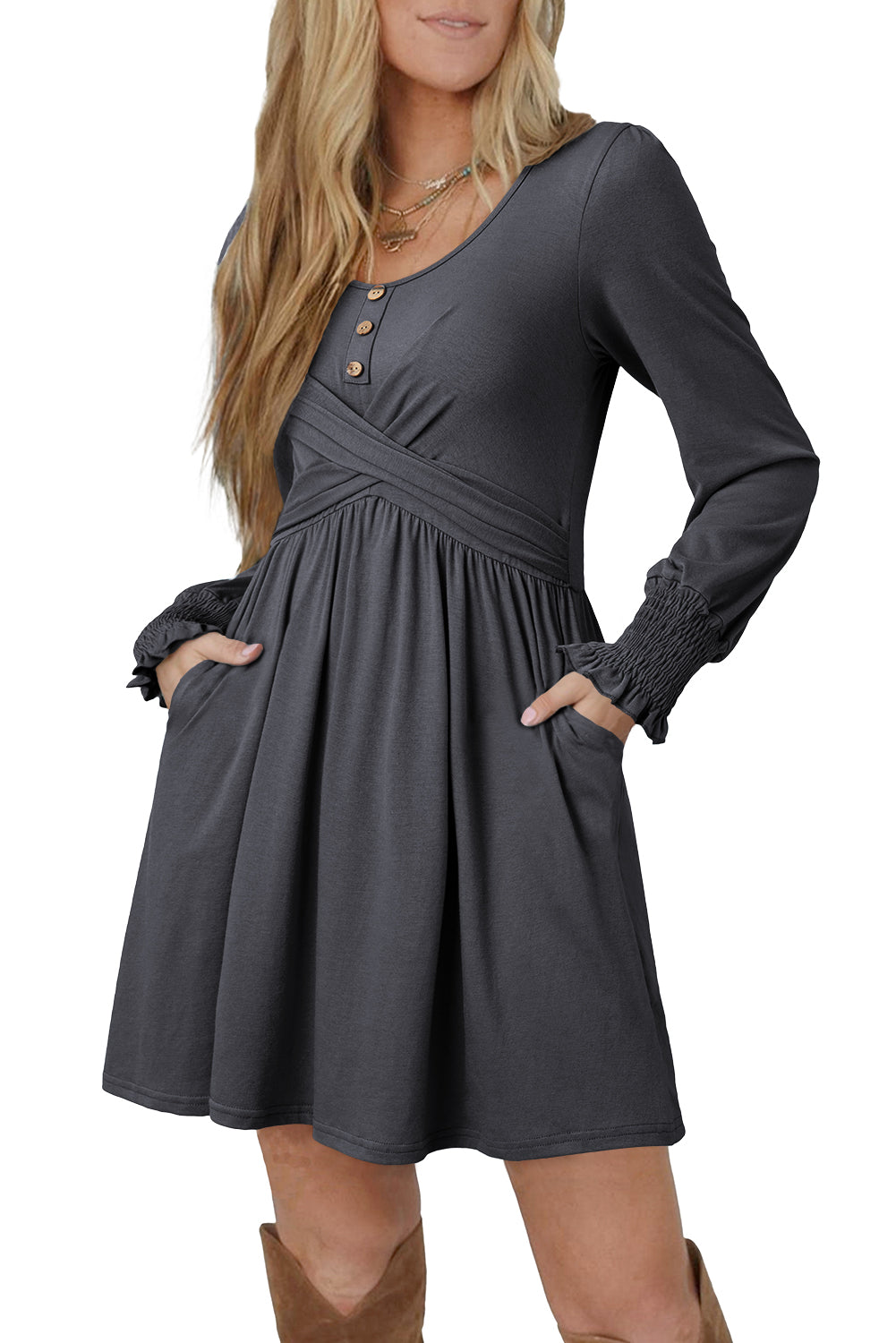 Shirred Cuff Long Sleeve Button Round Neck Mini Dress