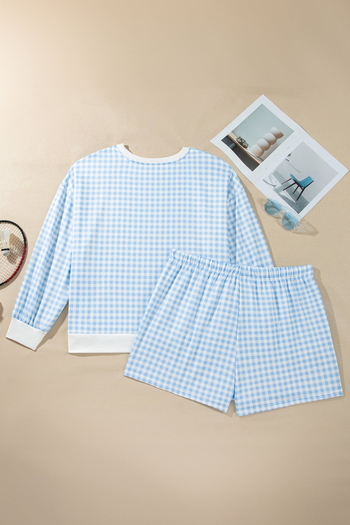 Gingham Loose Pullover Top Drawstring Shorts Plus Size Set