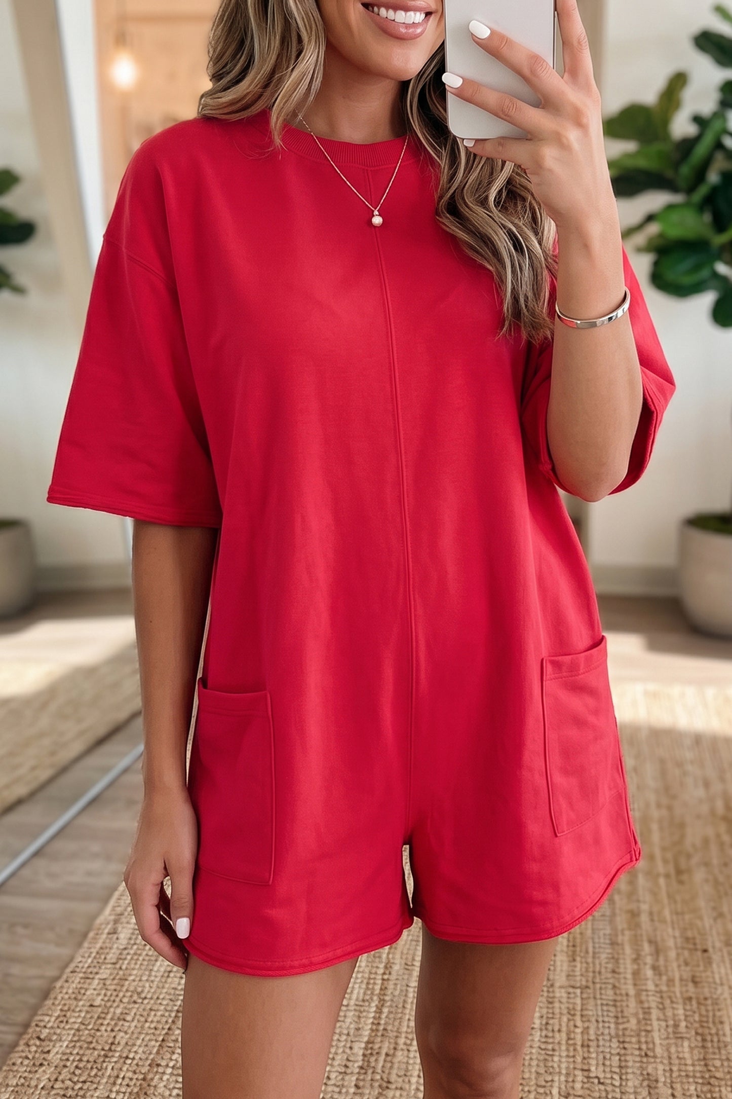 Fiery Red Solid Color Raw Edge Half Sleeve Pocketed Loose Romper
