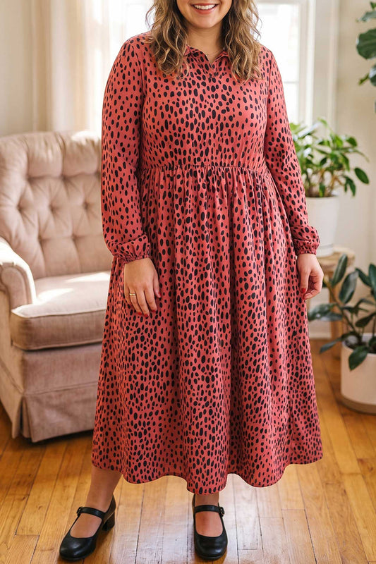 Red Leopard Print Long Sleeve V Neck Midi Dress