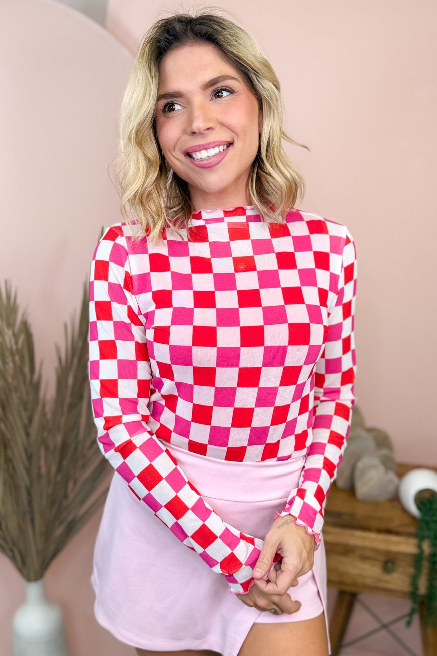 Checkered Long Sleeve Mesh Top