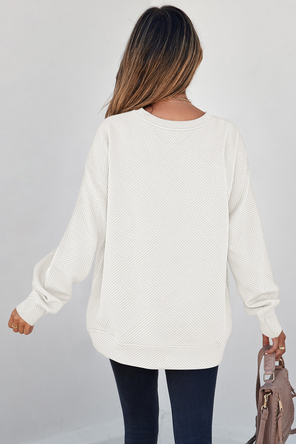 Solid Color Textured Round Neck Drop Shoulder Sweatshirt