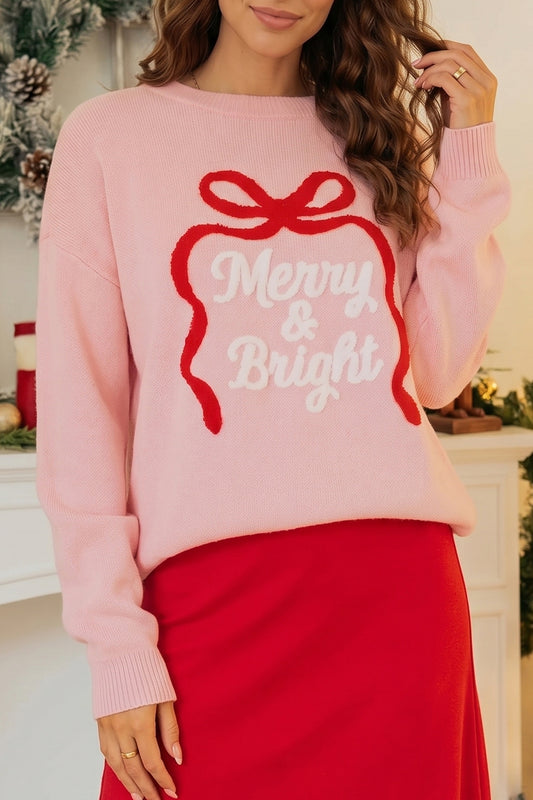 Pink Drop Shoulder Embroidery Sweater