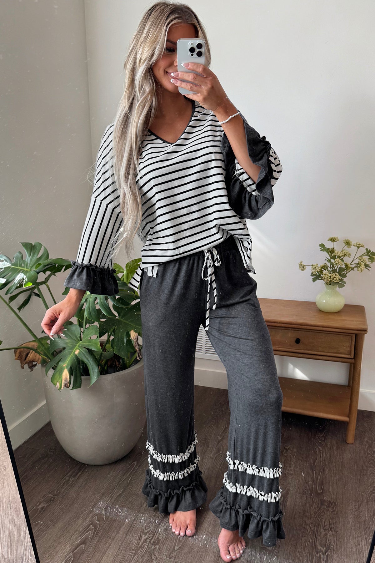Striped V Neck Ruffle Contrast Sleeve Top Drawstring Pants Set