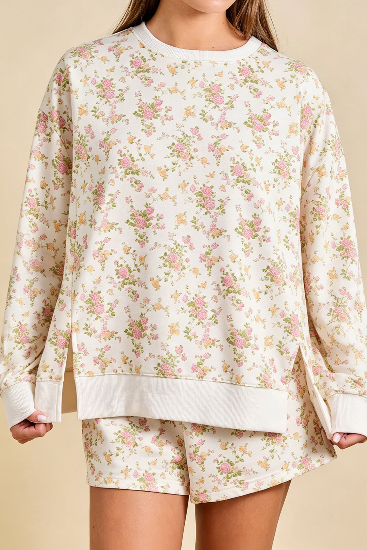 Beige Floral Print Long Sleeve Shift Top Pocketed Shorts Set