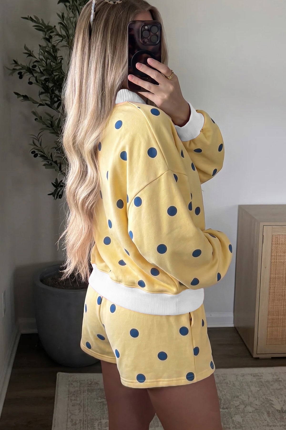 Pink Polka Dot Ribbed Trim Long Sleeve Top Casual Short Set
