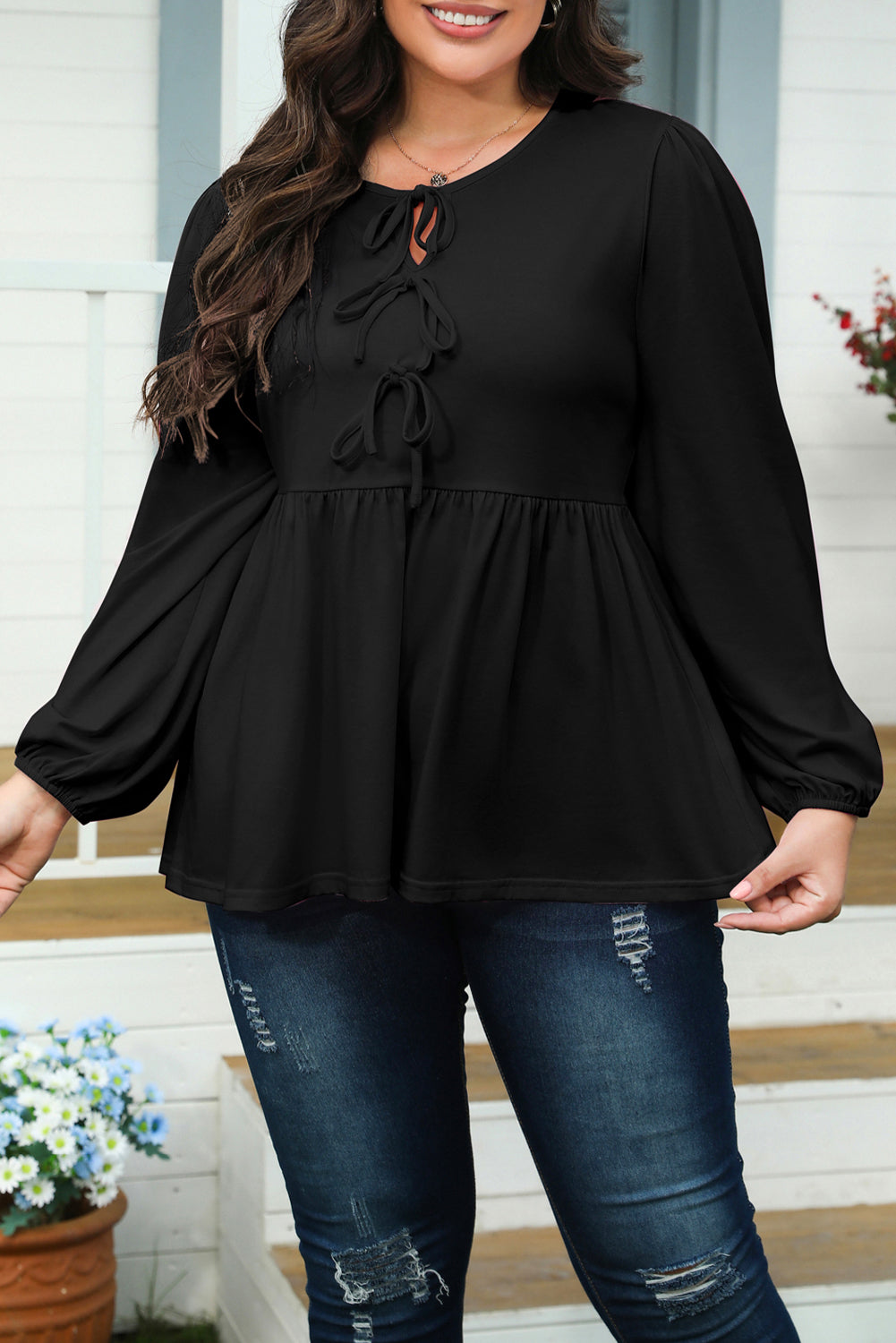 Black Solid Color Bow Tie Front Long Sleeve Peplum