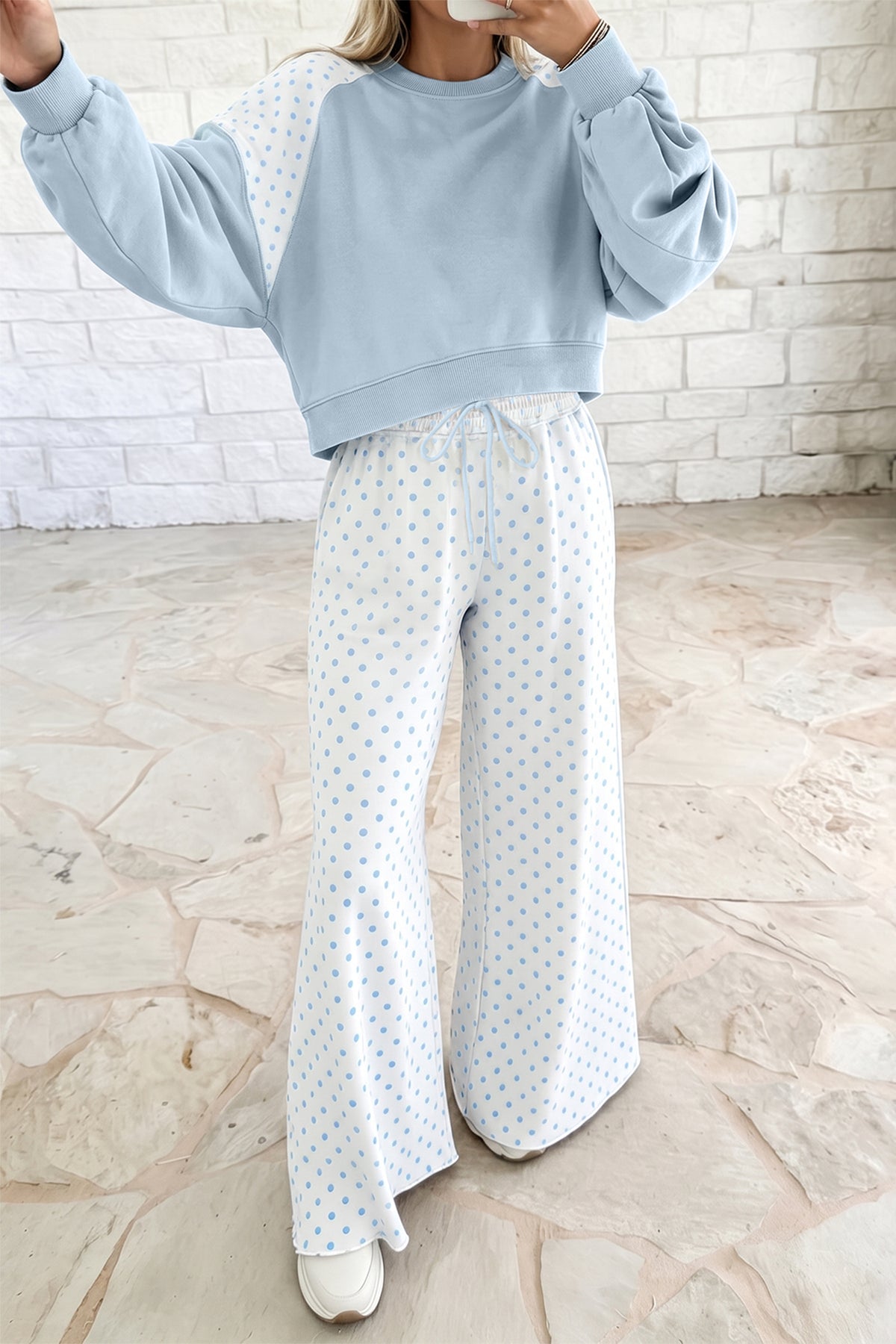 Polka Dot Patchwork Colorblock Long Sleeve Casual Two Piece Pants Set
