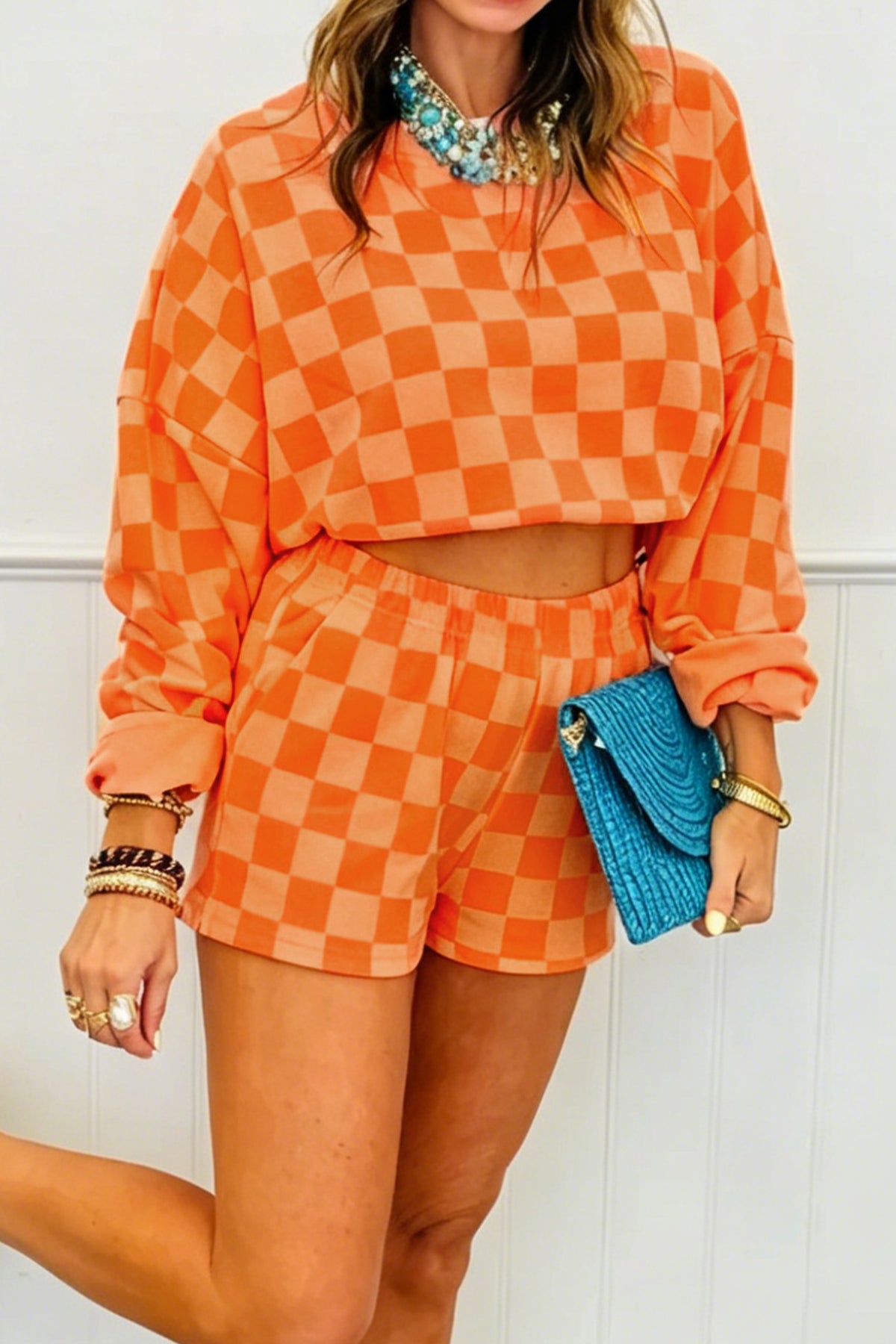 Checkered Long Sleeve Crop Top Elastic Waist Shorts Two Piece Set