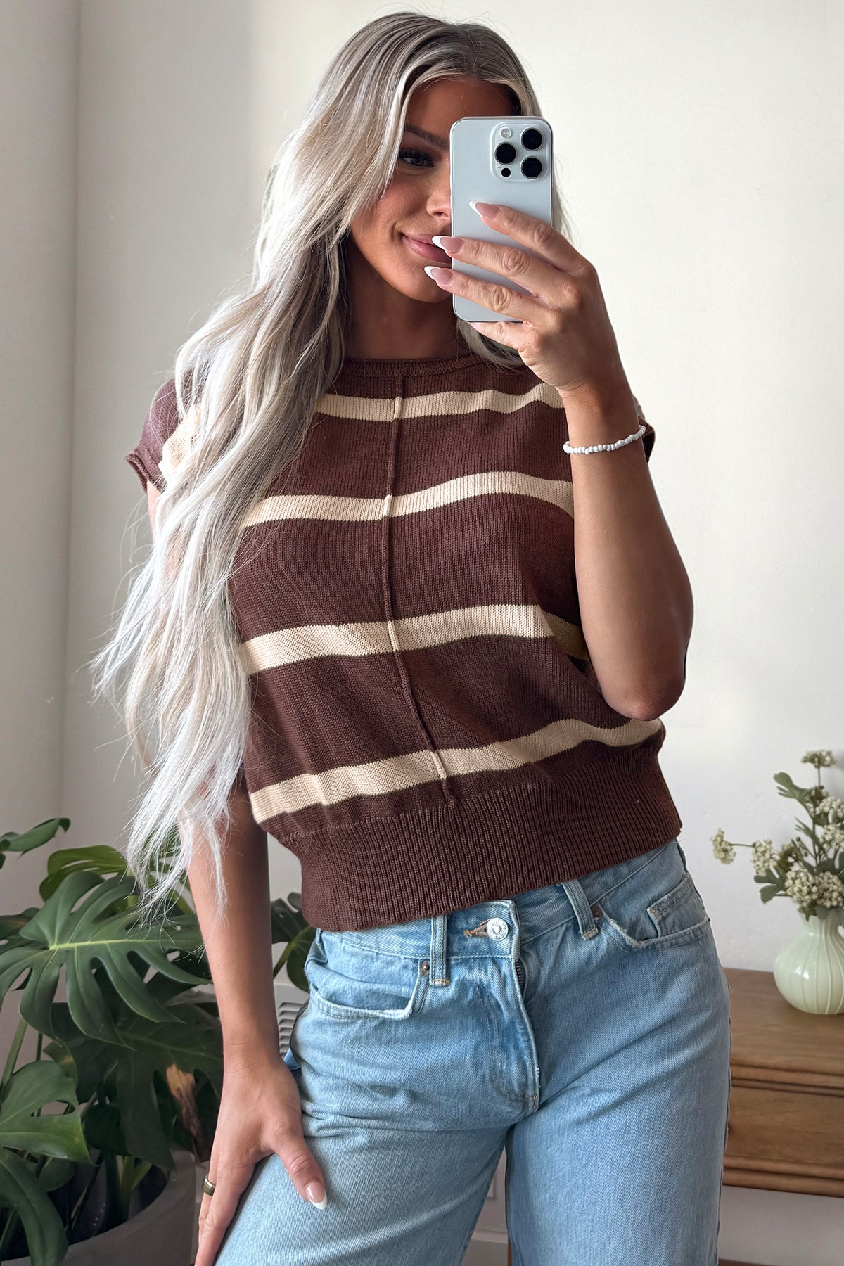 Striped Knit Short Sleeve Sweater