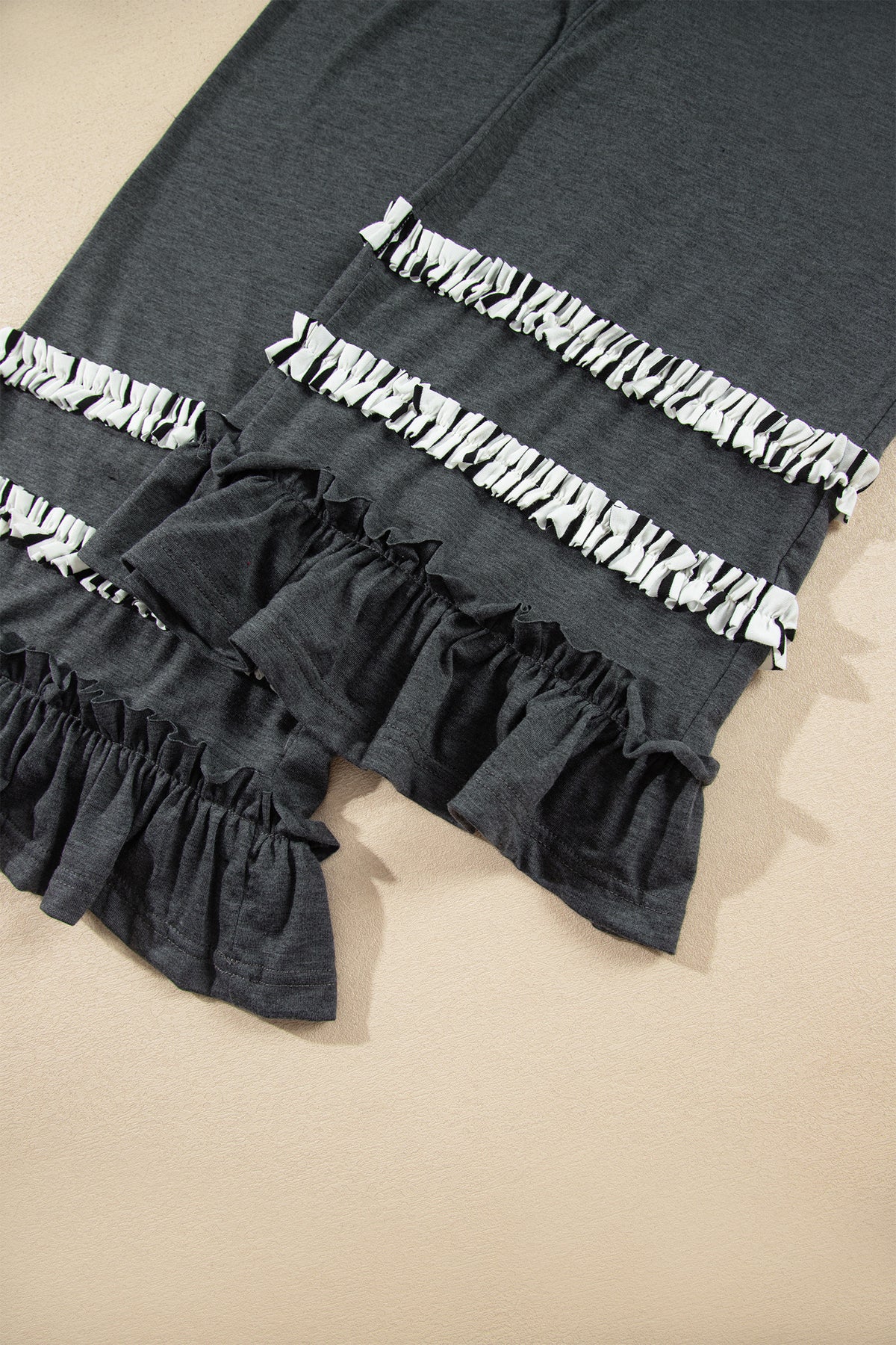 Striped V Neck Ruffle Contrast Sleeve Top Drawstring Pants Set