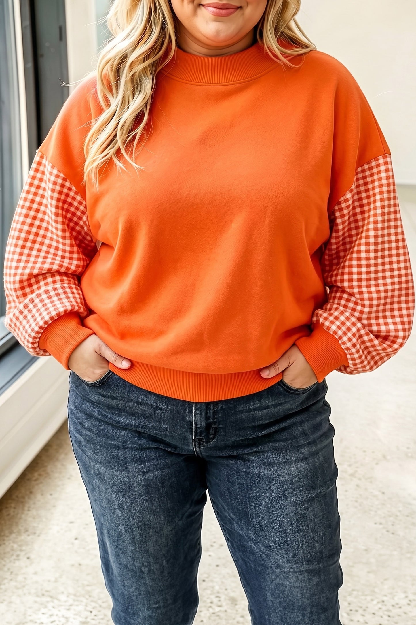 Patchwork Plaid Loose Fit Long Sleeve Plus Size Sweatshirt