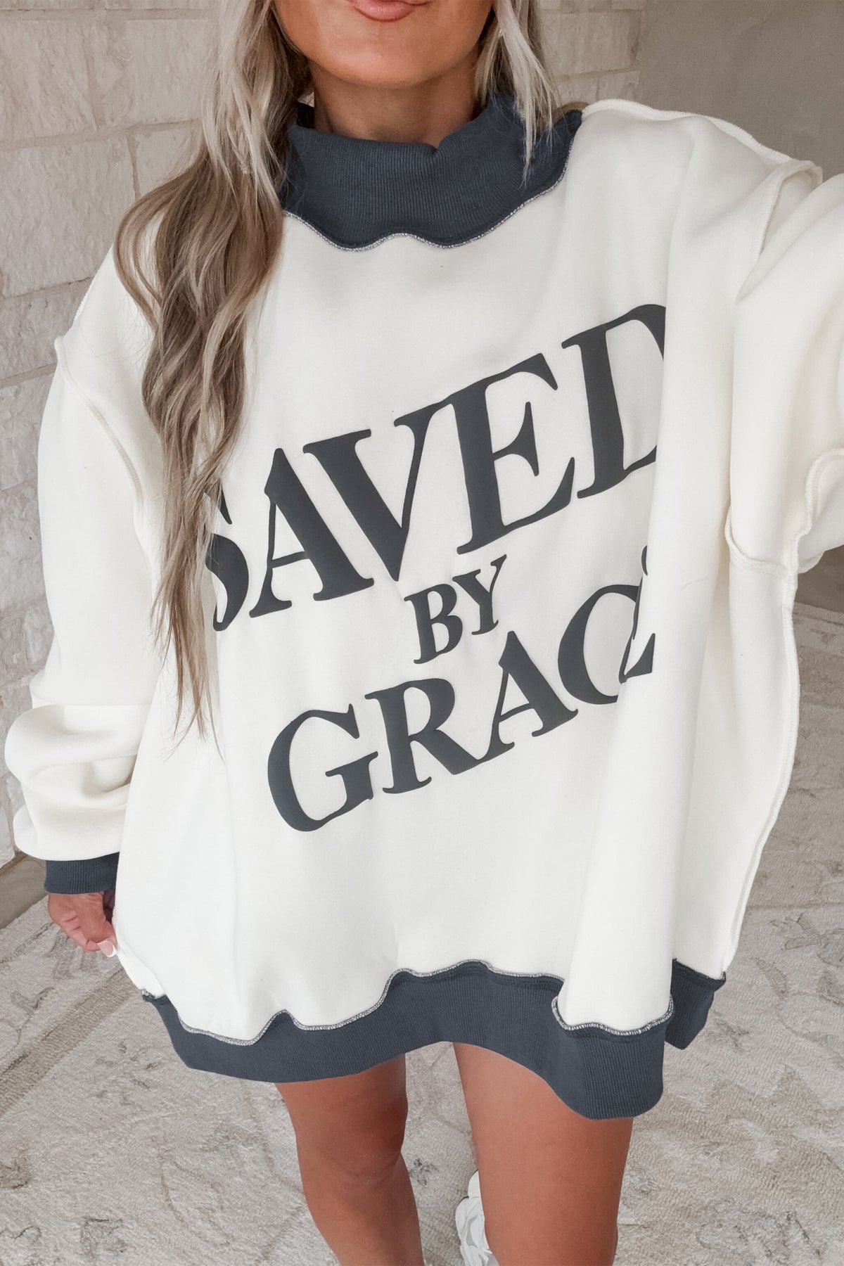 Saved By Grace Print Color Block Mock Neck Oversized Sweatshirt