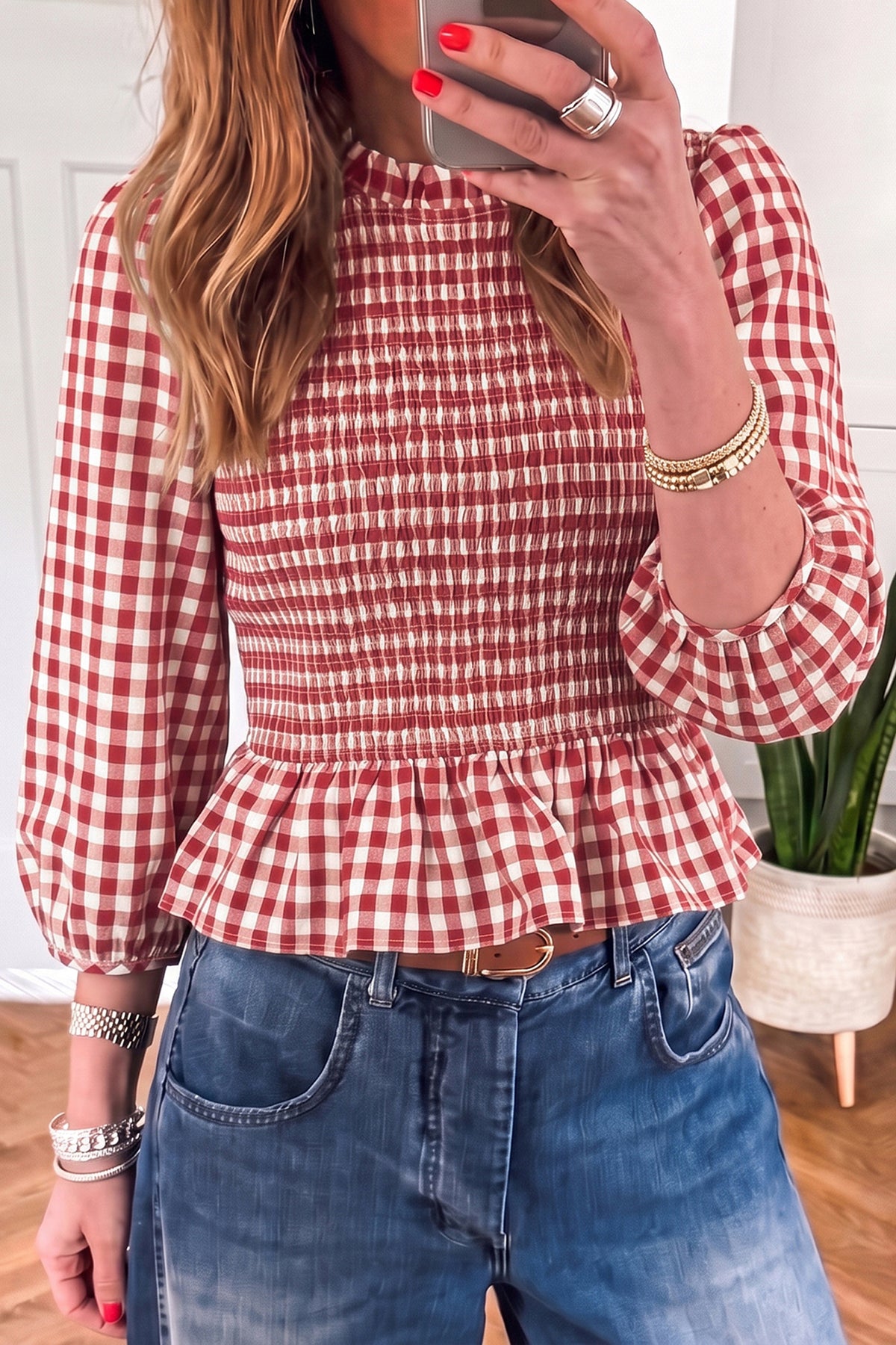 Shirred Plaid Peplum Top