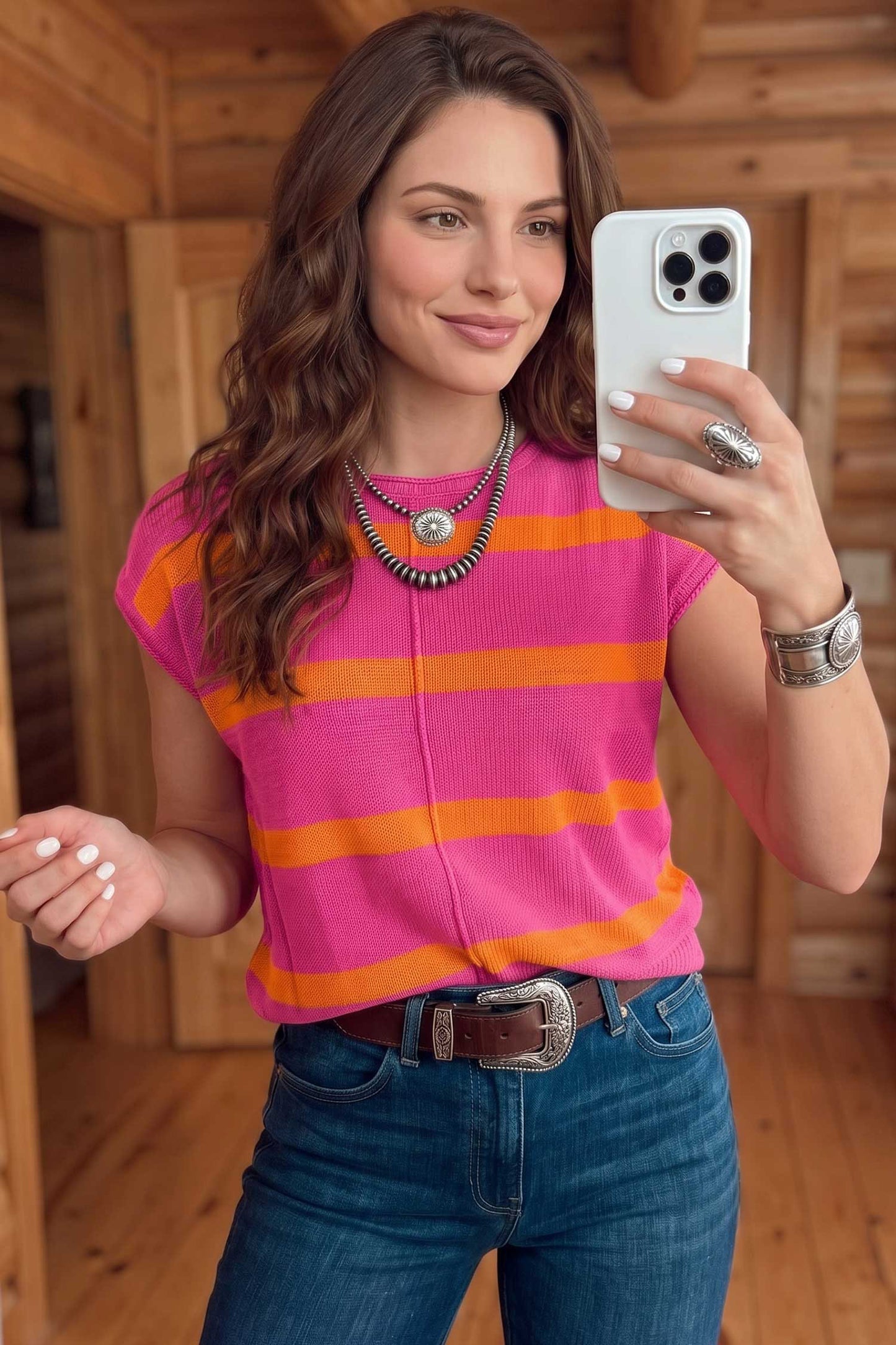 Striped Knit Short Sleeve Sweater