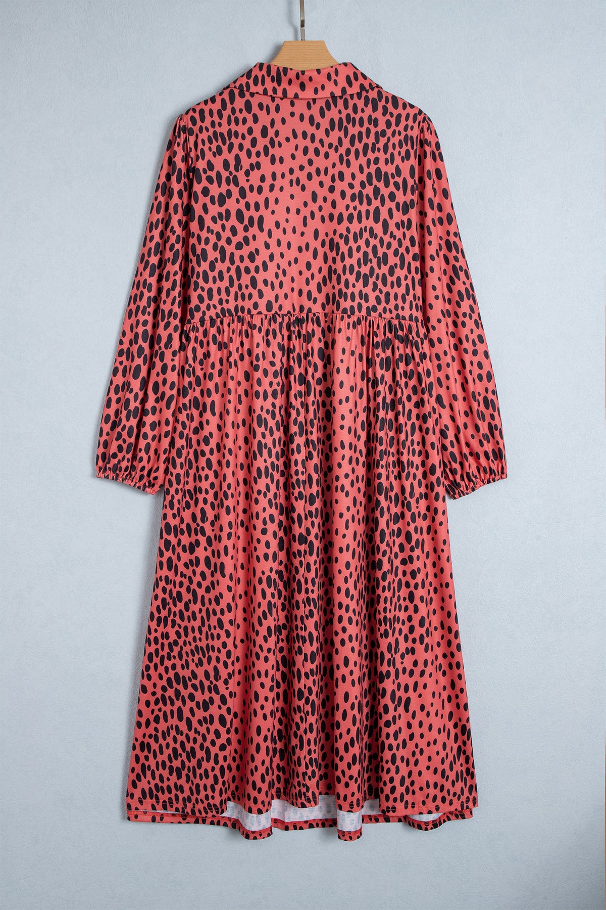 Red Leopard Print Long Sleeve V Neck Midi Dress