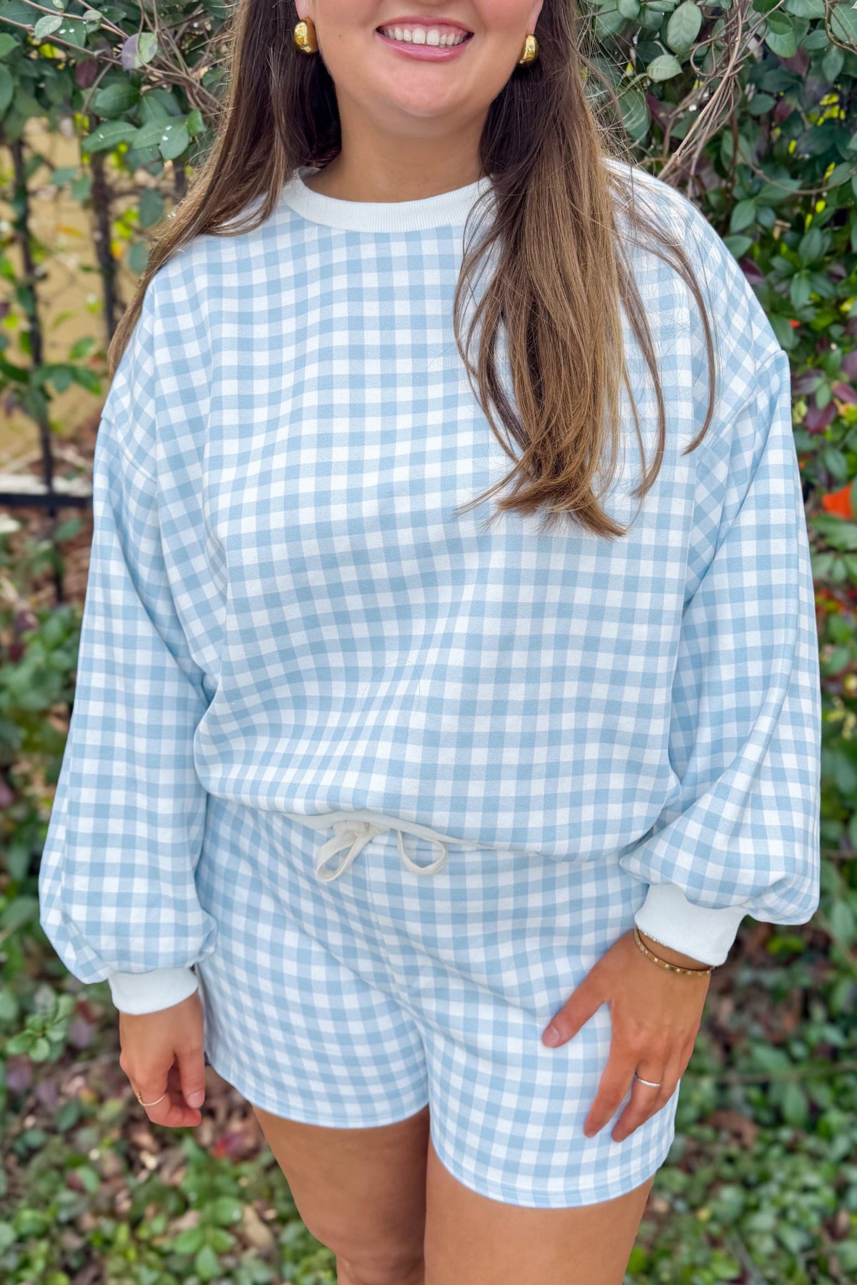 Gingham Loose Pullover Top Drawstring Shorts Plus Size Set