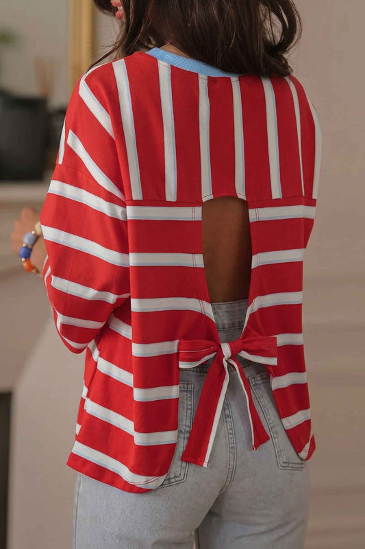 Racing Red Striped Bow Tie Hollowed Back Casual T-Shirt