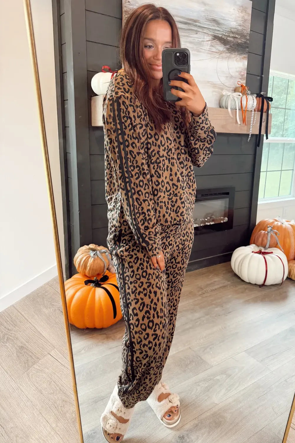 Striped Trim Leopard Long Sleeve + Pants Set