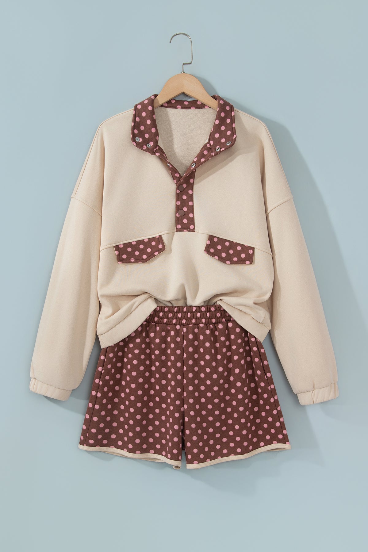 Polka Dot Contrast Baggy Pullover and Elastic Waist Shorts Set