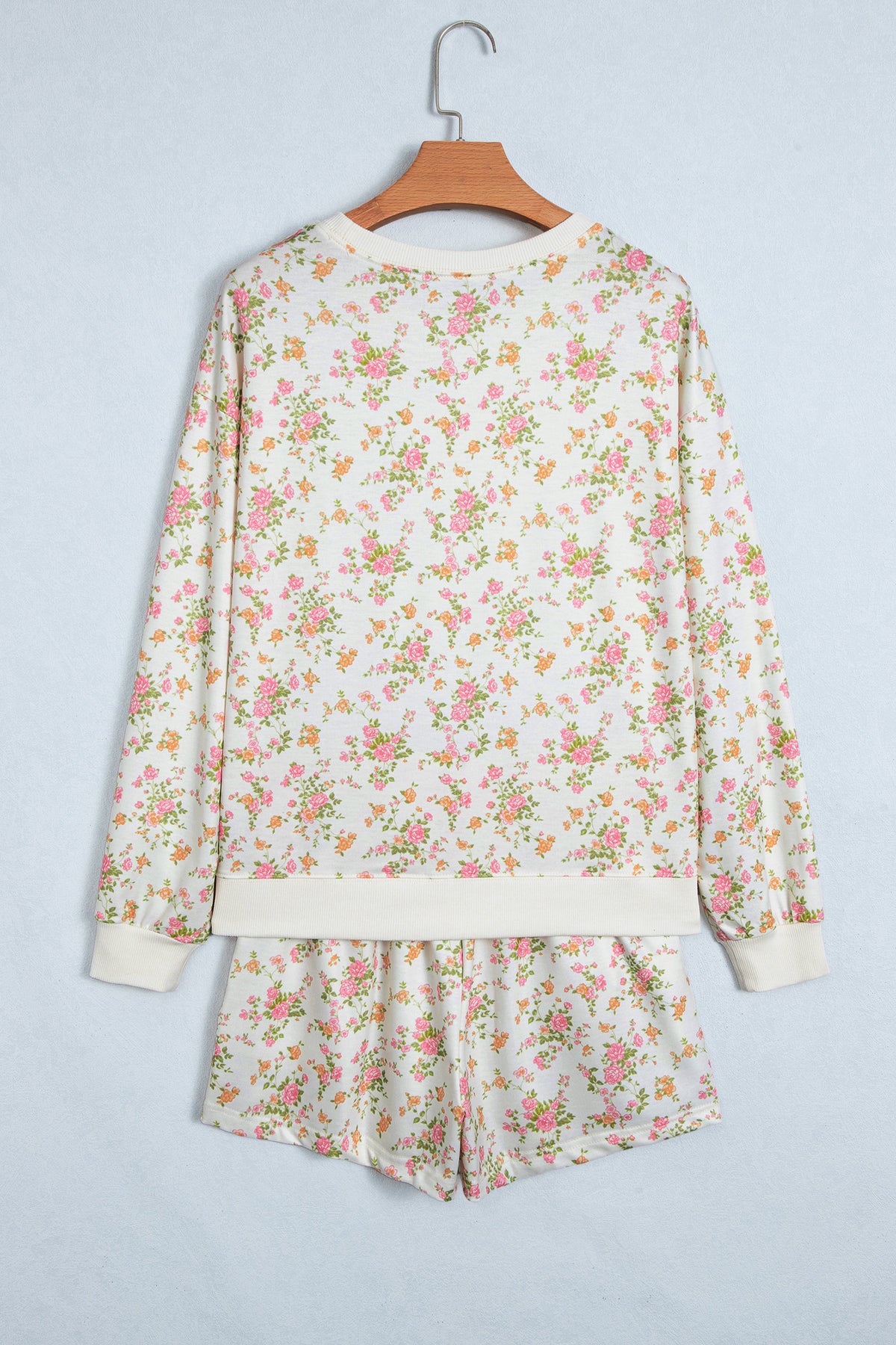 Beige Floral Print Long Sleeve Shift Top Pocketed Shorts Set
