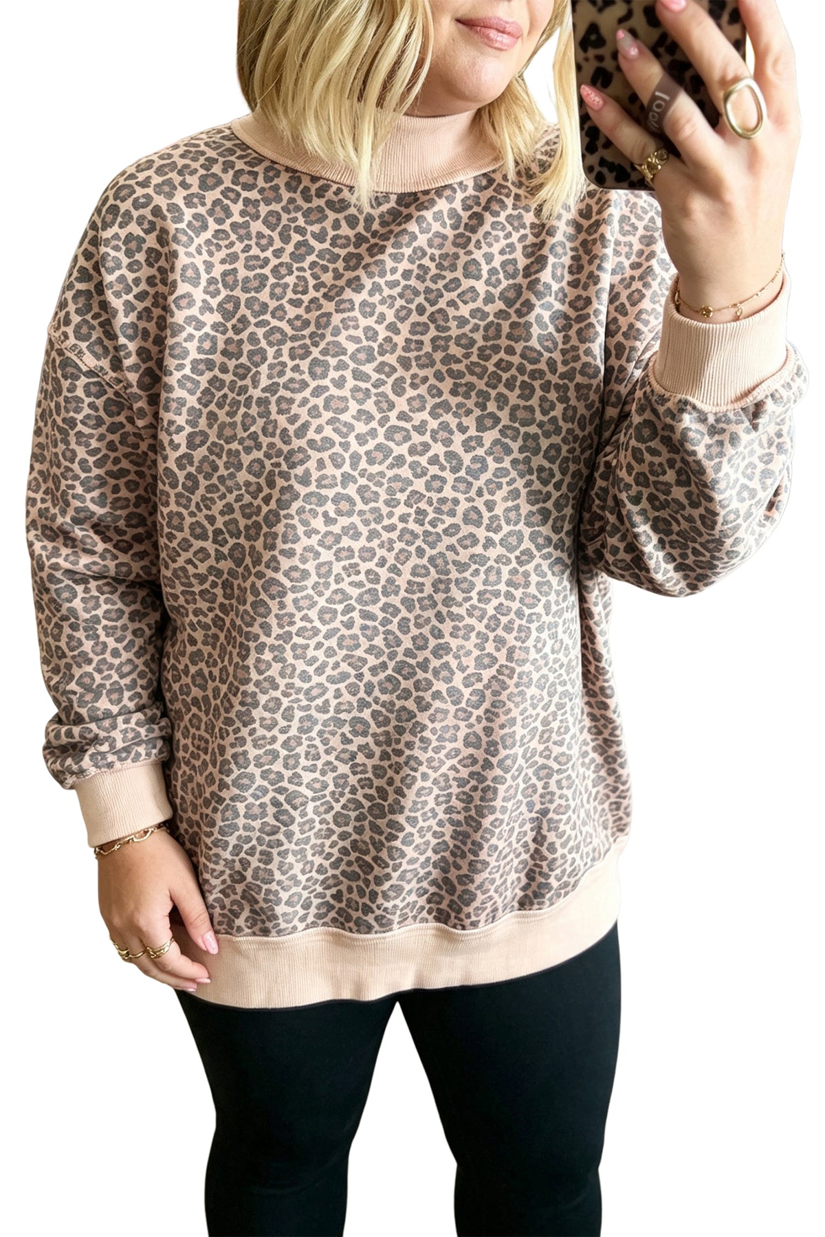 Multicolour Plus Size Leopard Print Ribbed Color Block Mock Neck Tunic Sweatshirt