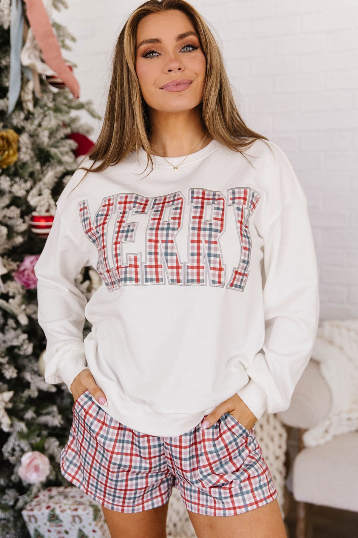 Plaid MERRY Holiday Long Sleeve Top and Shorts Set