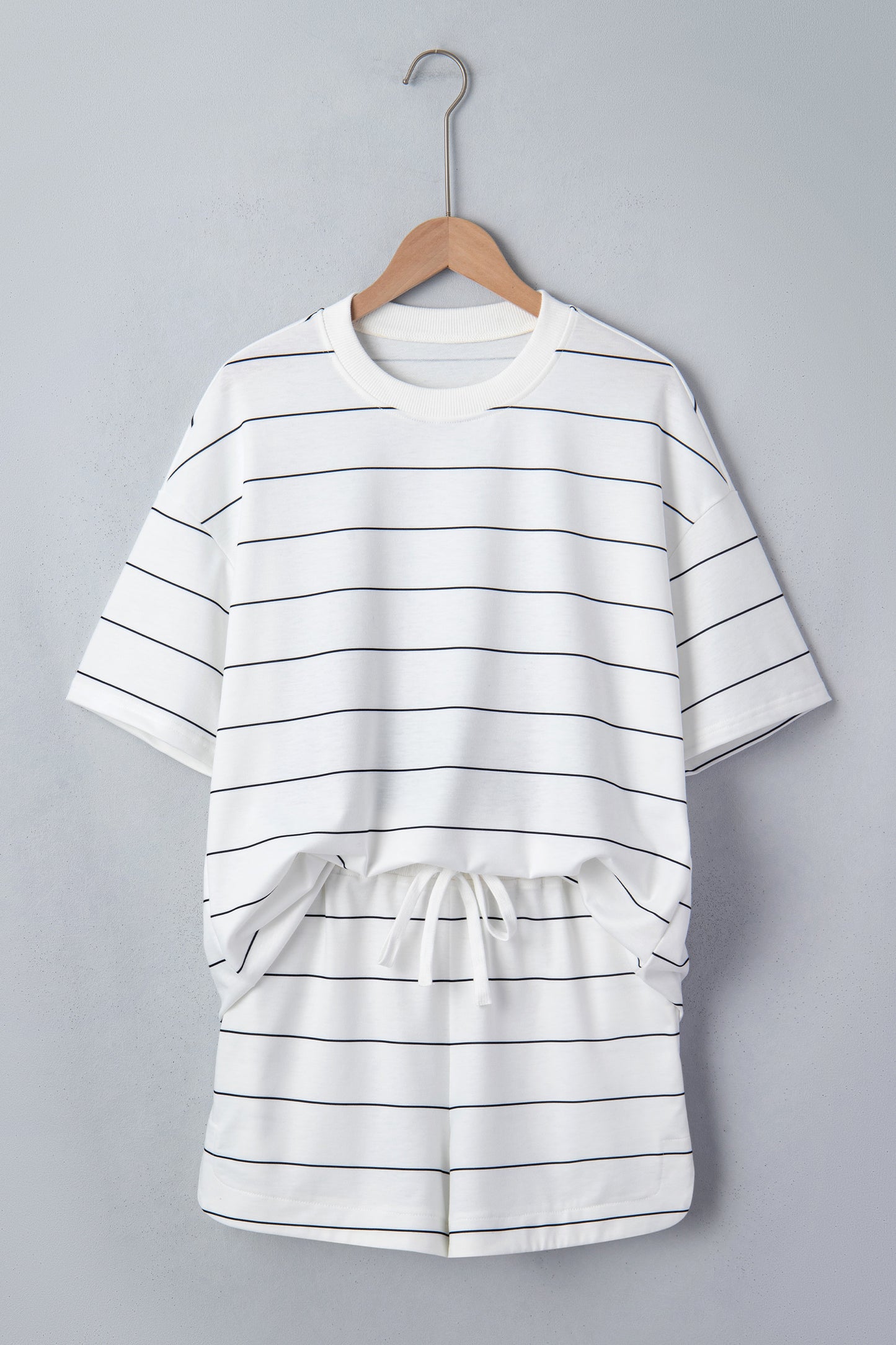 White Stripe Half Sleeve Tee Drawstring Shorts 2pcs Set