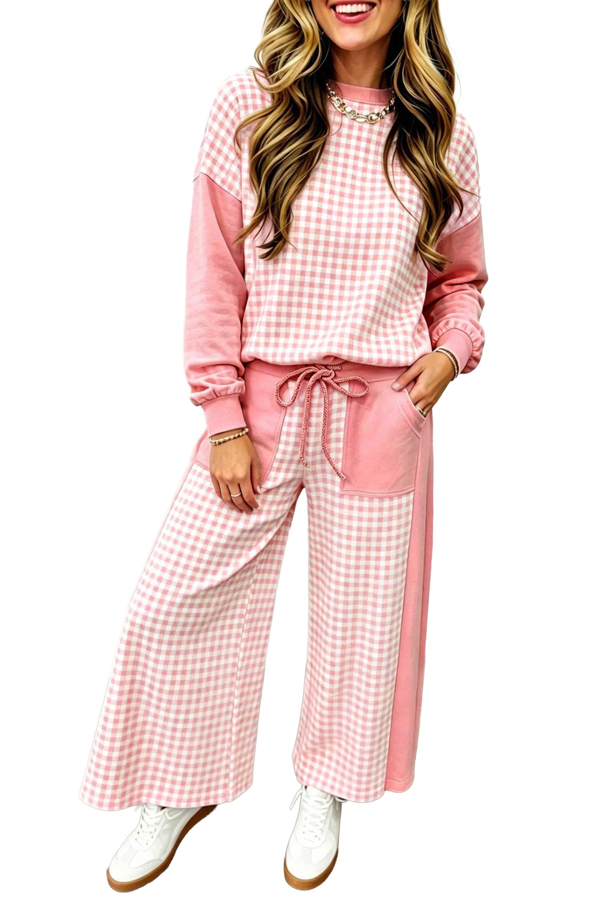 Color Block Plaid Patchwork Long Sleeve Pullover Wide Leg Pant Set