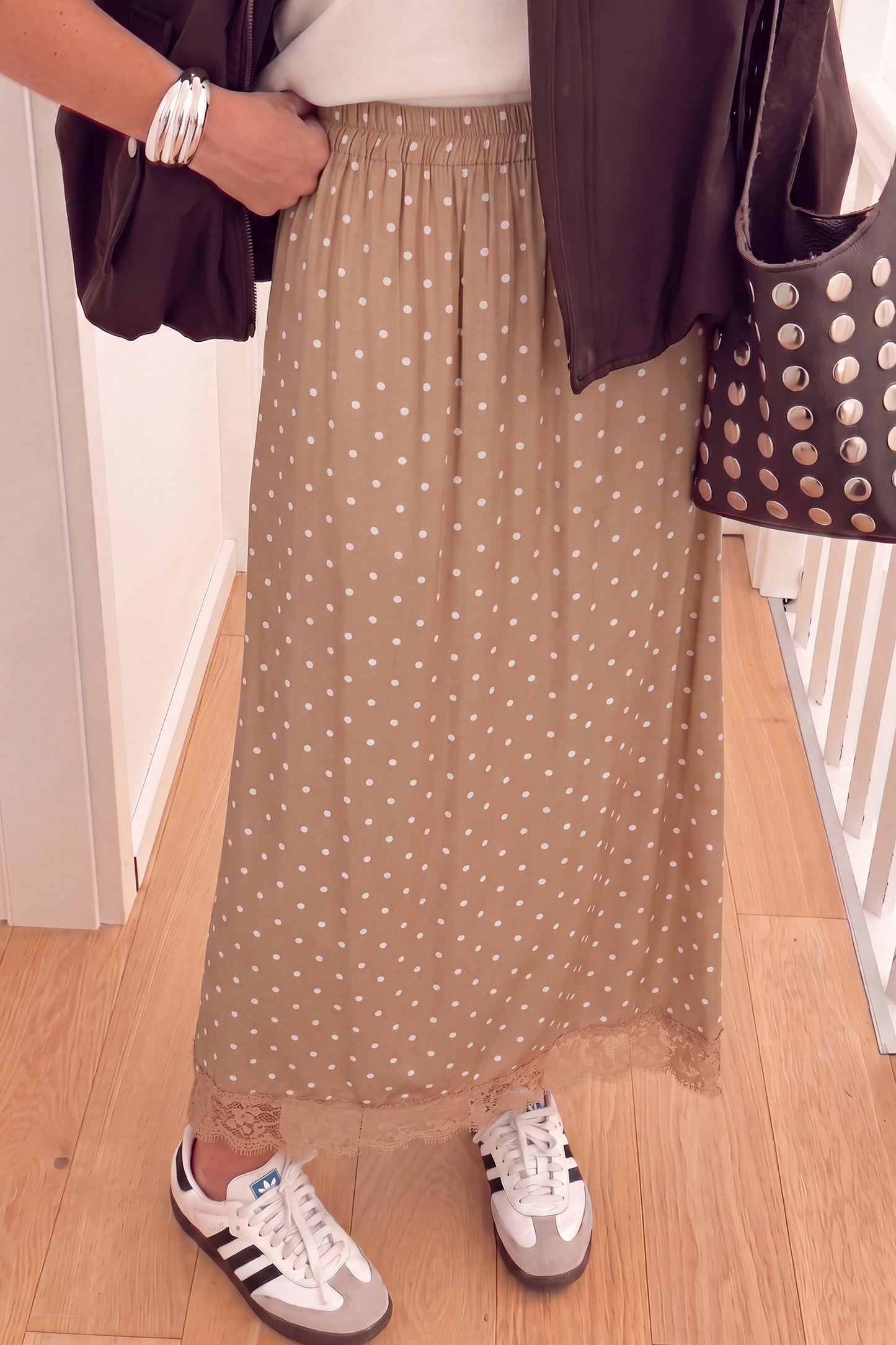 Polka Dot Lace Hem Elegant Long Shift Skirt