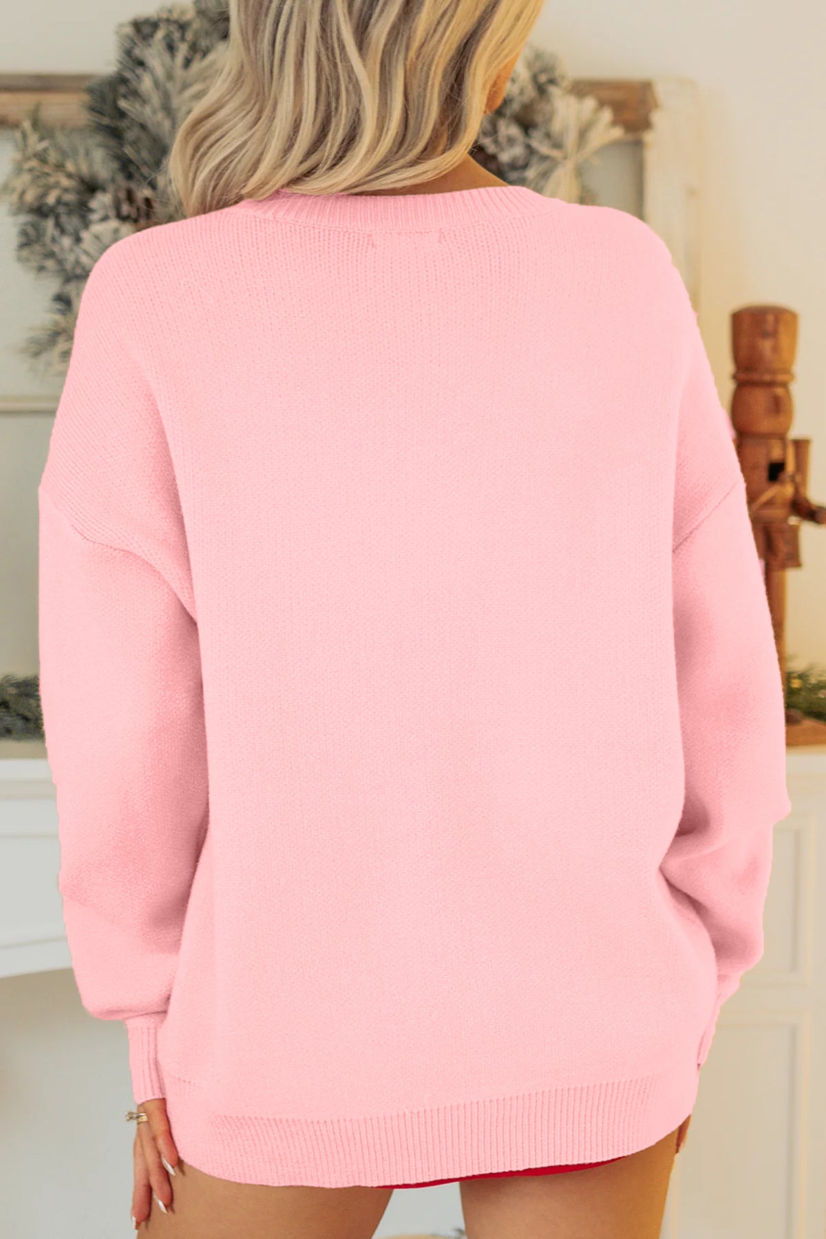 Pink Drop Shoulder Embroidery Sweater