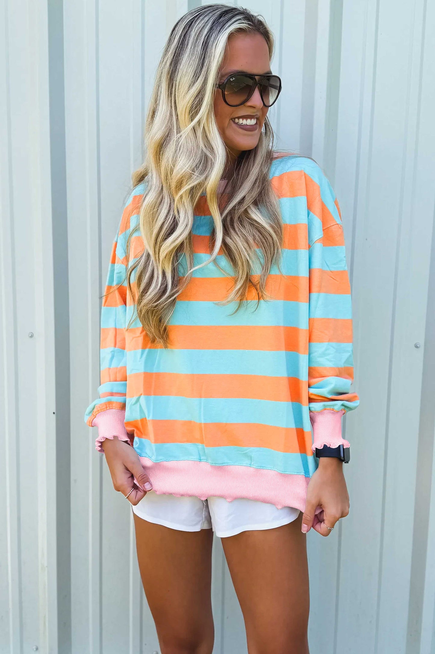 Striped Ribbed Color Block Trim Long Sleeve Top