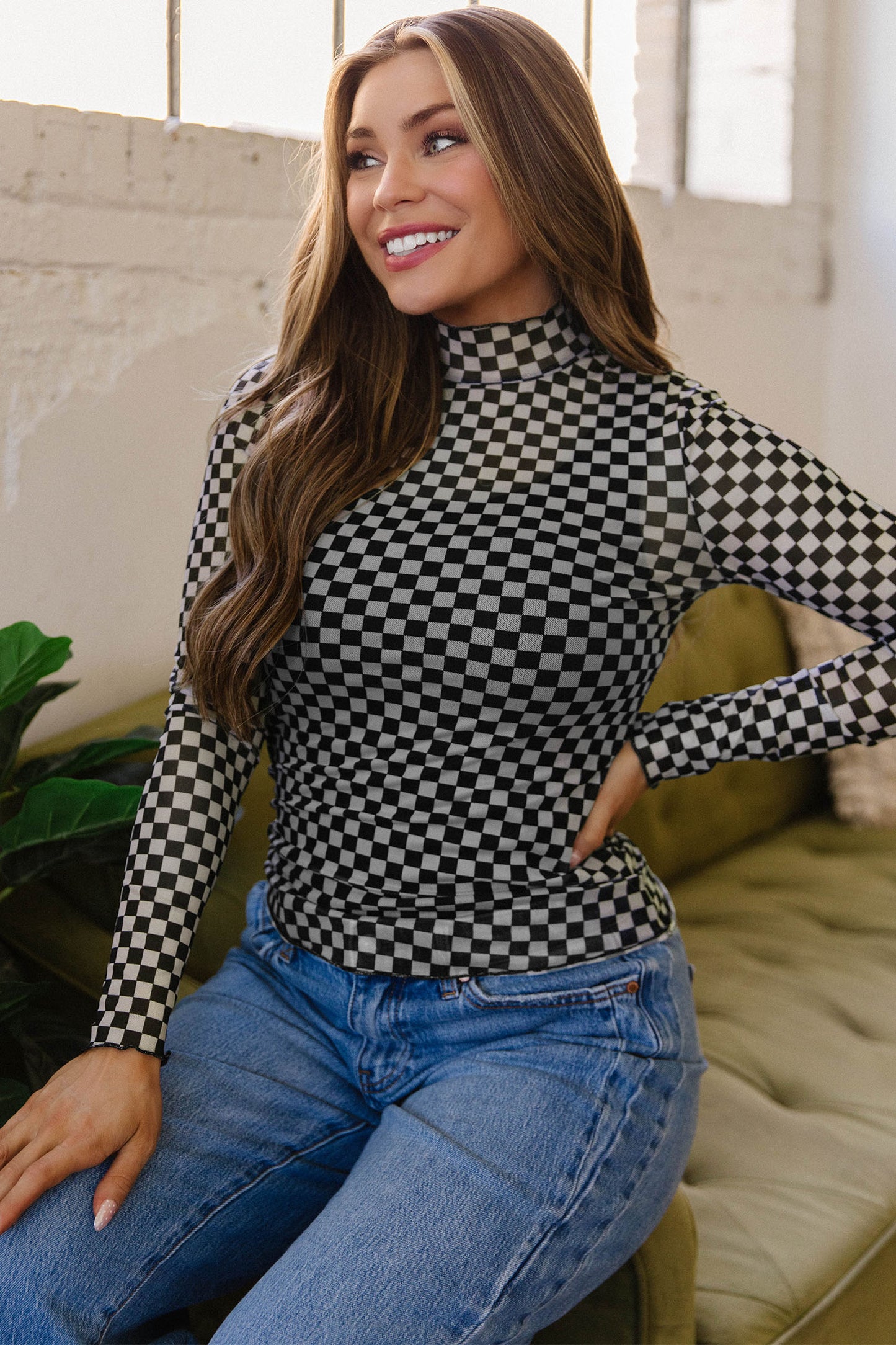 Black Plaid Long Sleeve Mesh Top