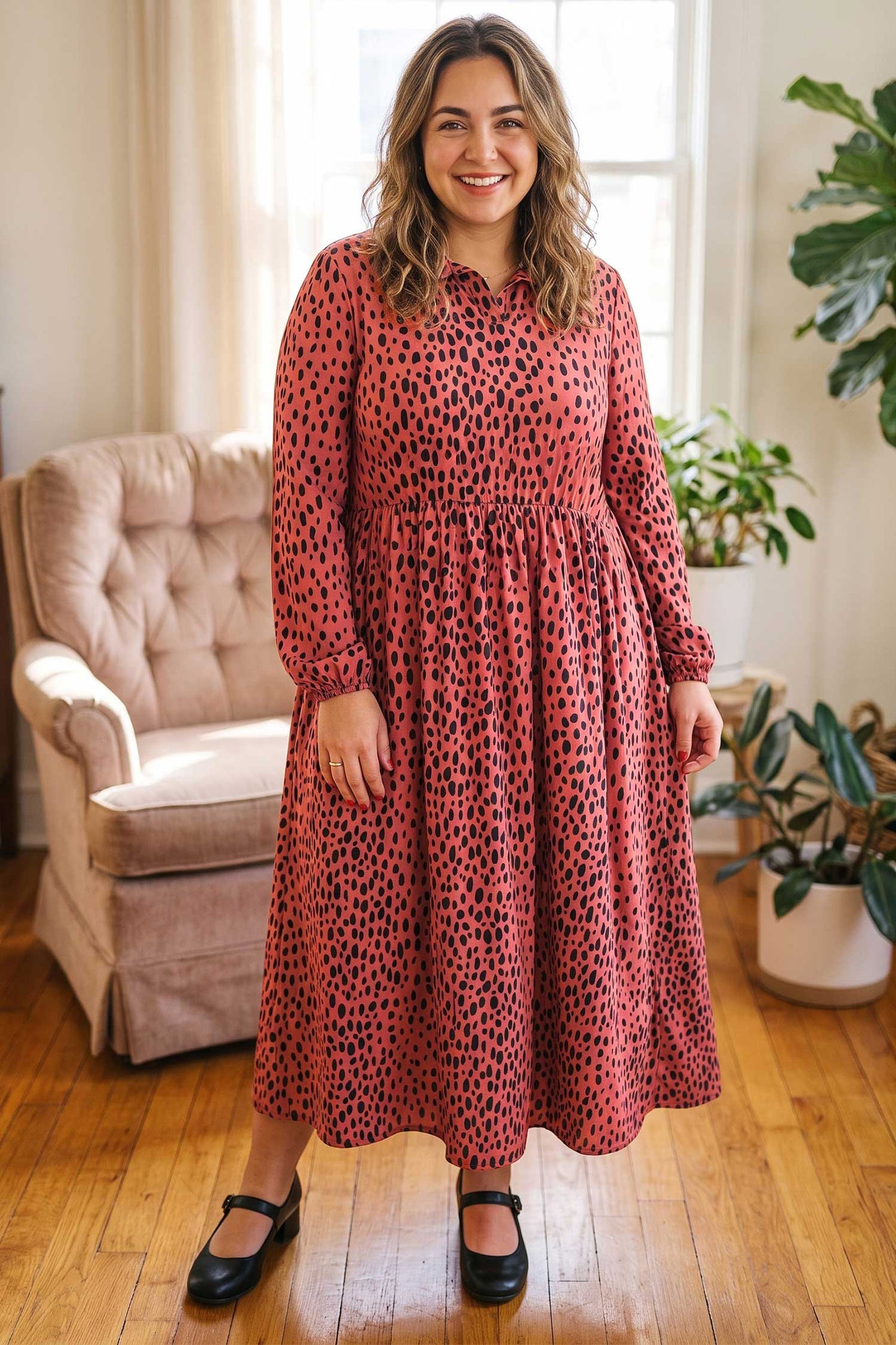 Red Leopard Print Long Sleeve V Neck Midi Dress