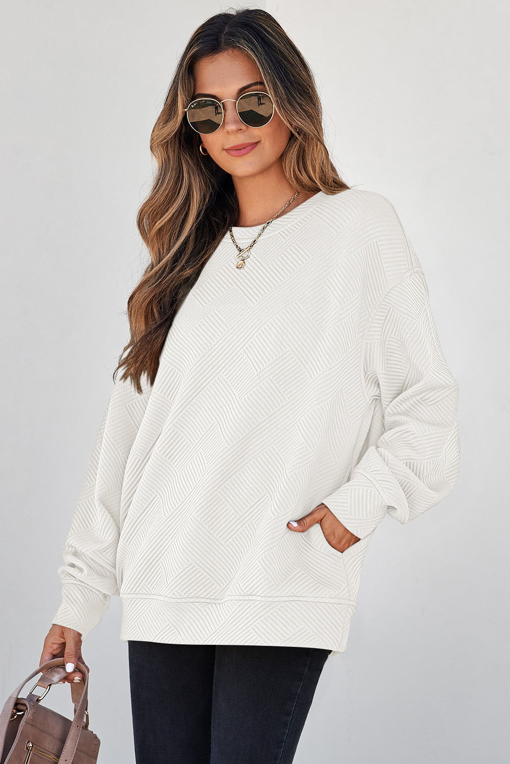Solid Color Textured Round Neck Drop Shoulder Sweatshirt