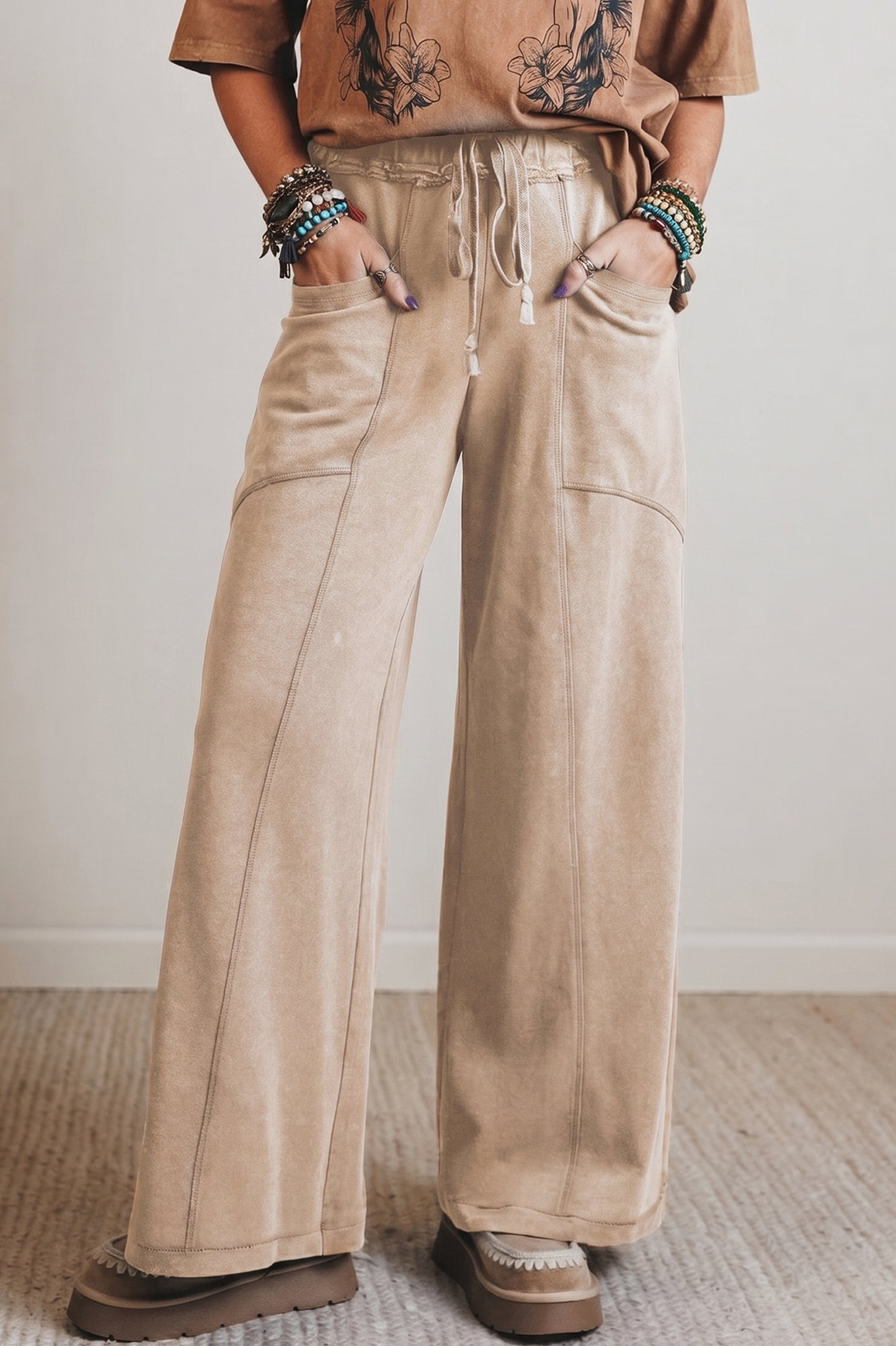 Mineral Wash Drawstring  High Waist Wide Leg Pants