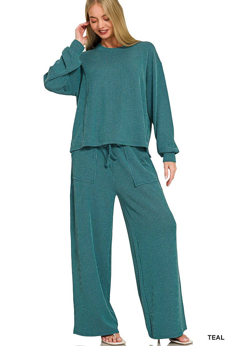 Zenana Urban Rib Long Sleeve + Pants Set - Multiple Colors