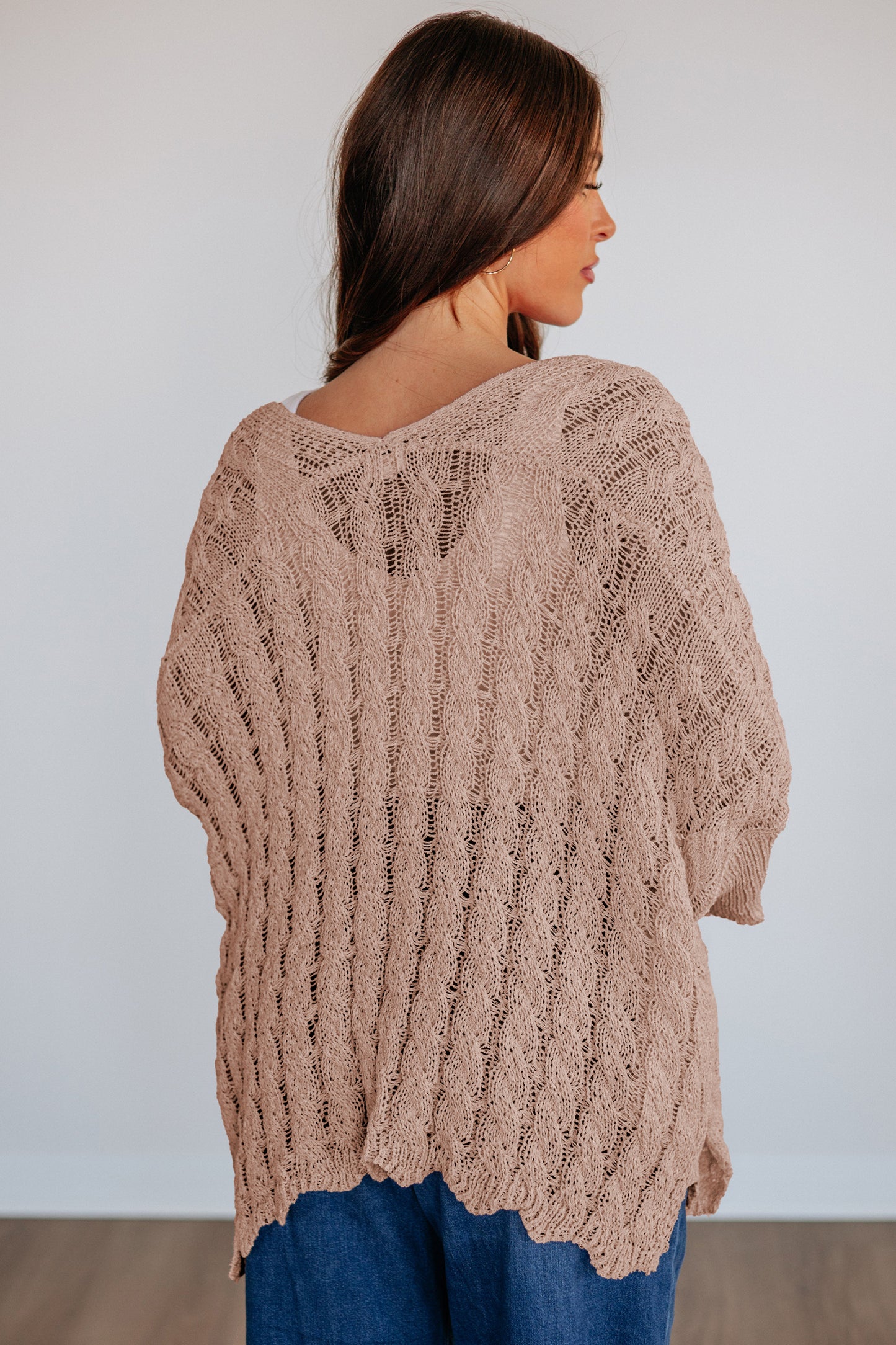 Drop Shoulder Crochet Knit Open Front Cardigan